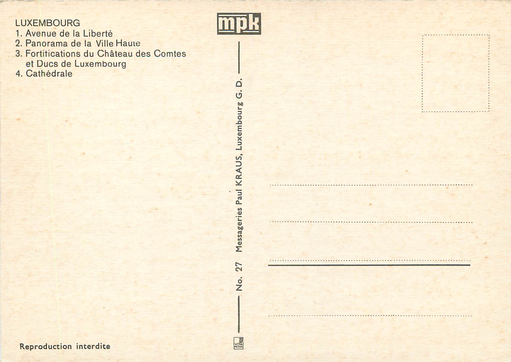 CPM Luxembourg Avenue de la Liberte — Verso