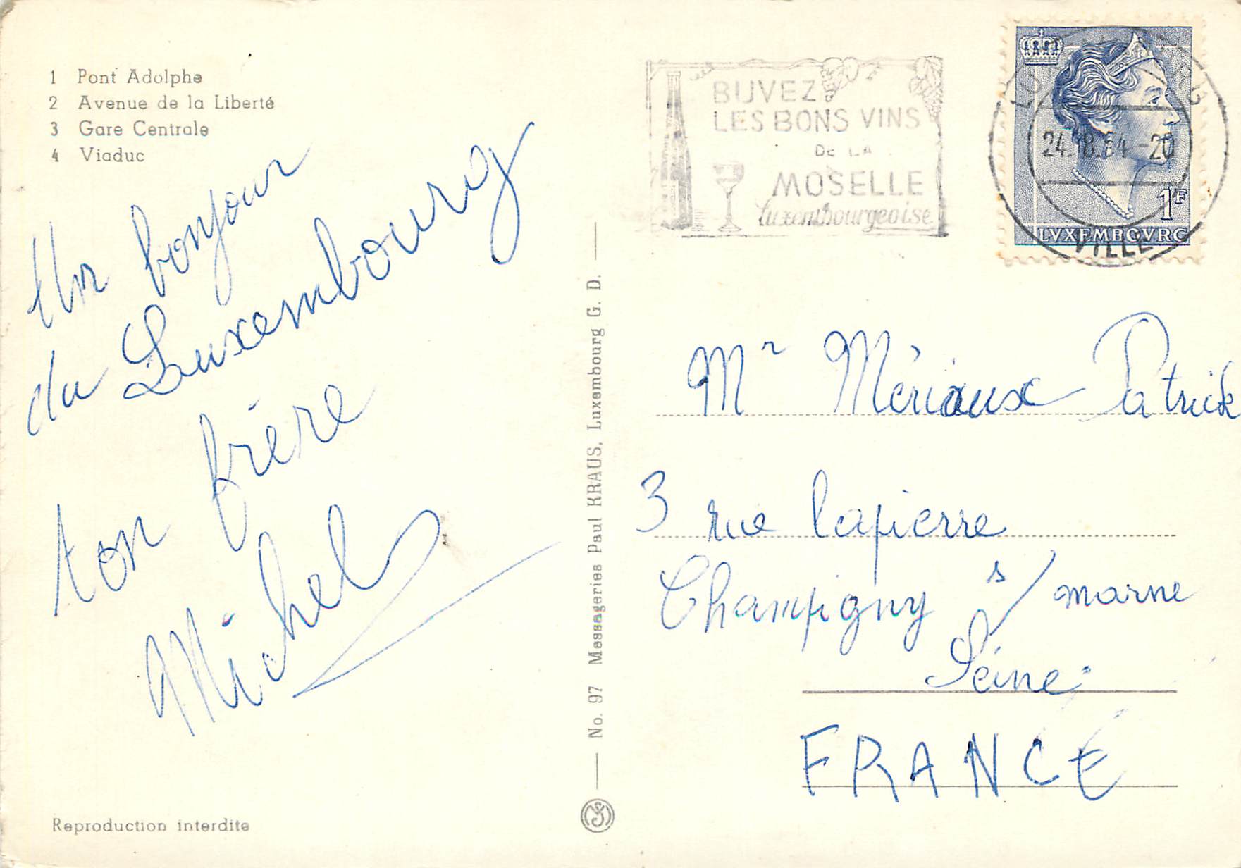 CPM Luxembourg Pont Adolphe — Verso