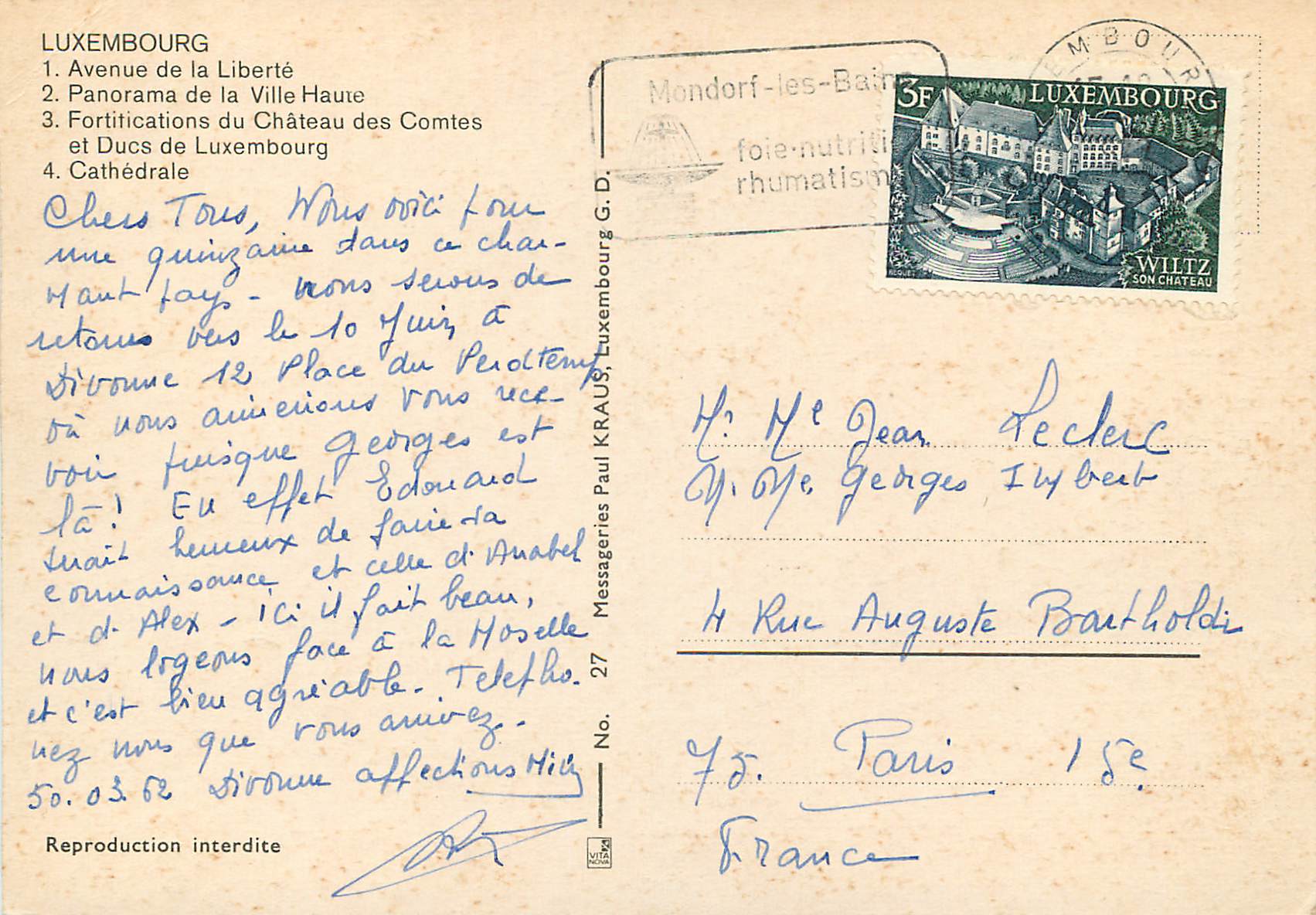 CPM Luxembourg Avenue de la Liberte — Verso