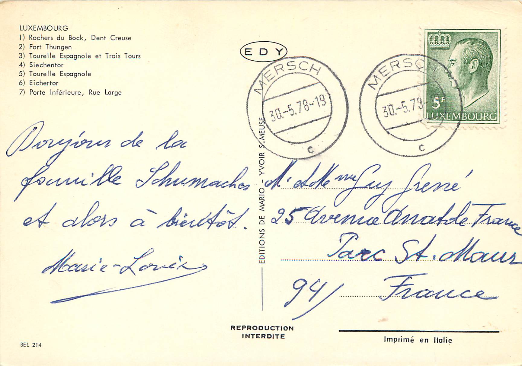 CPM Luxembourg Rocher du Bock — Verso