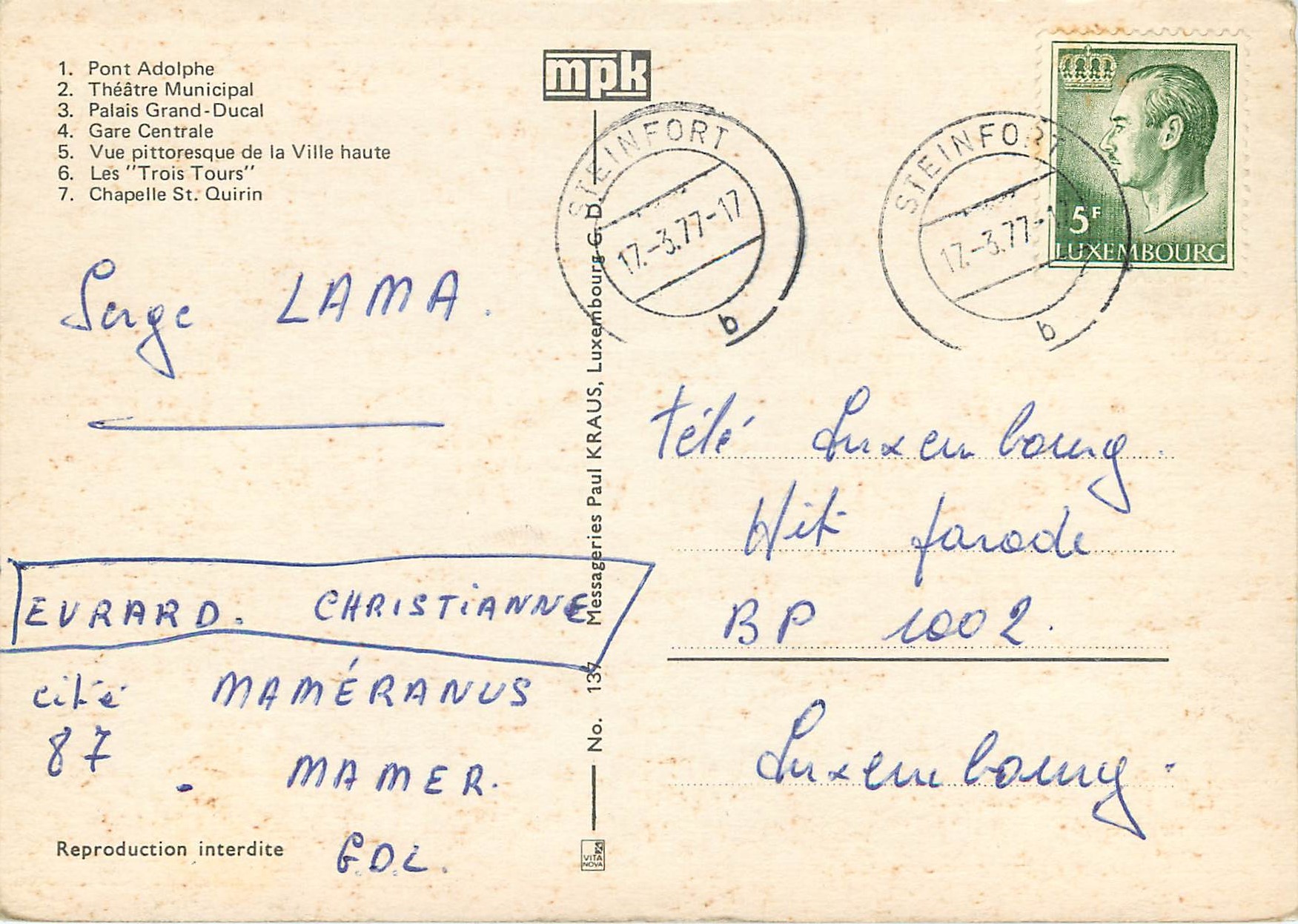 CPM Luxembourg Pont Adolphe — Verso