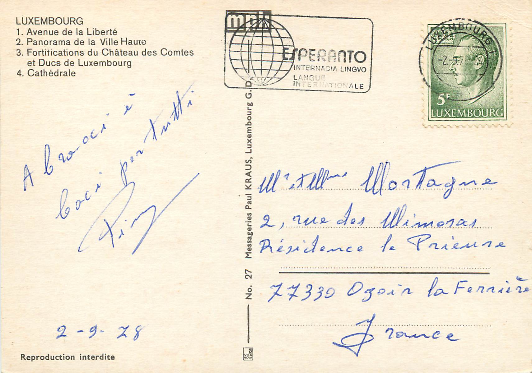 CPM Luxembourg Avenue de la Liberte — Verso