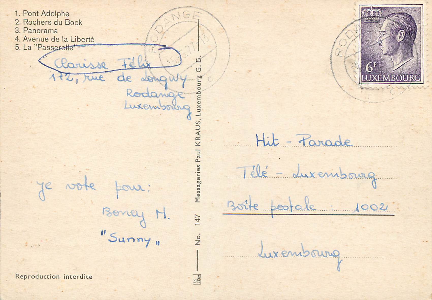 CPM Luxembourg Pont Adolphe — Verso