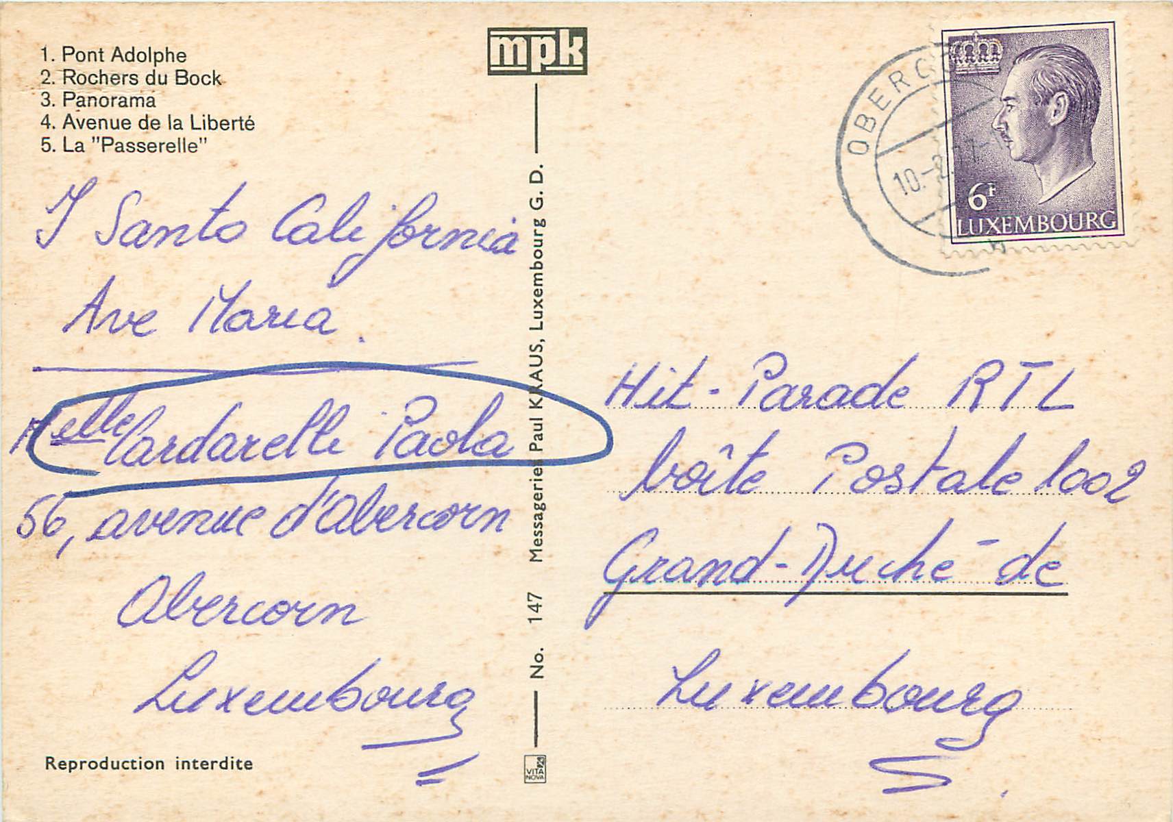 CPM Luxembourg Pont Adolphe — Verso