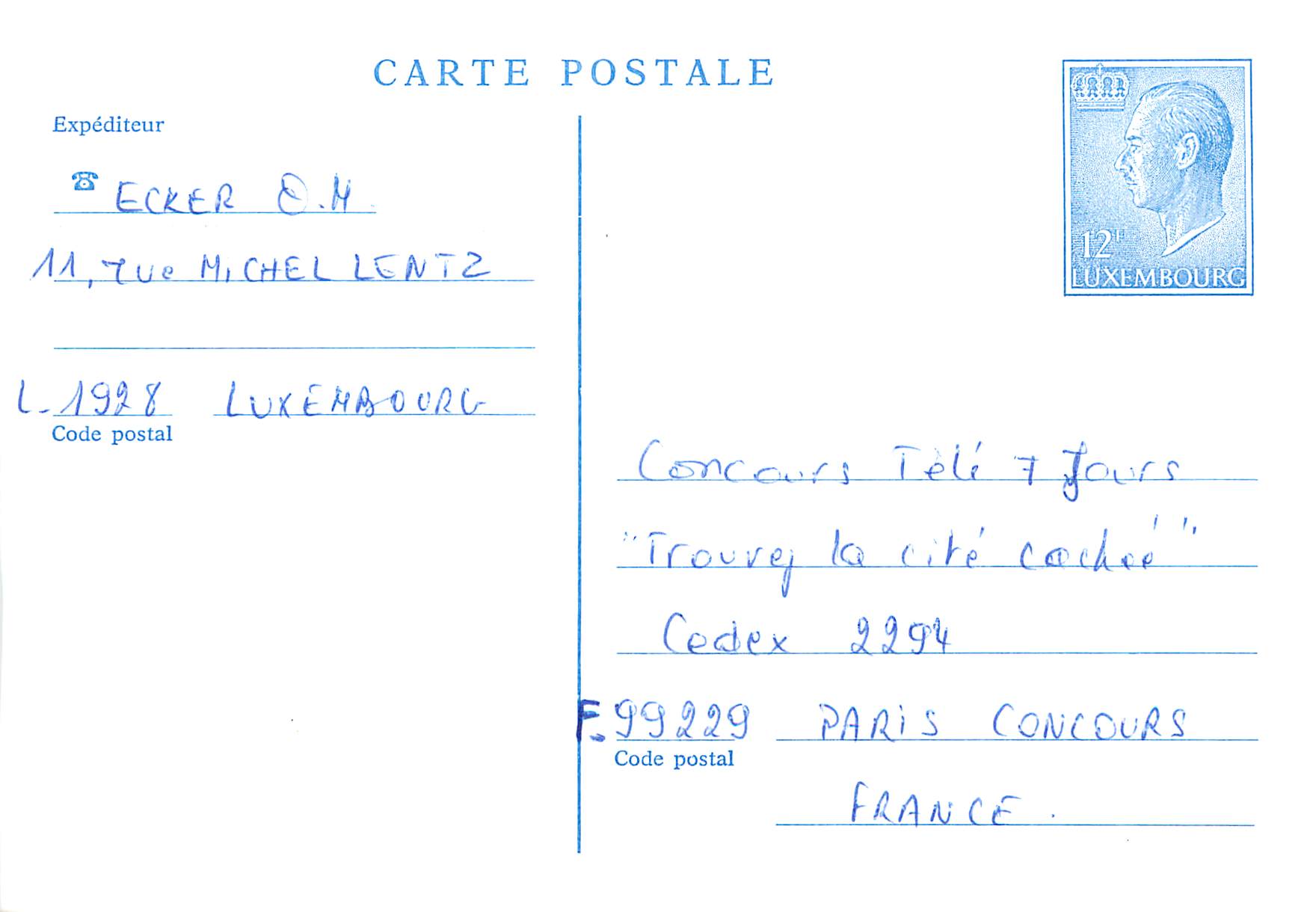 Entier Postal Luxembourg pour Paris