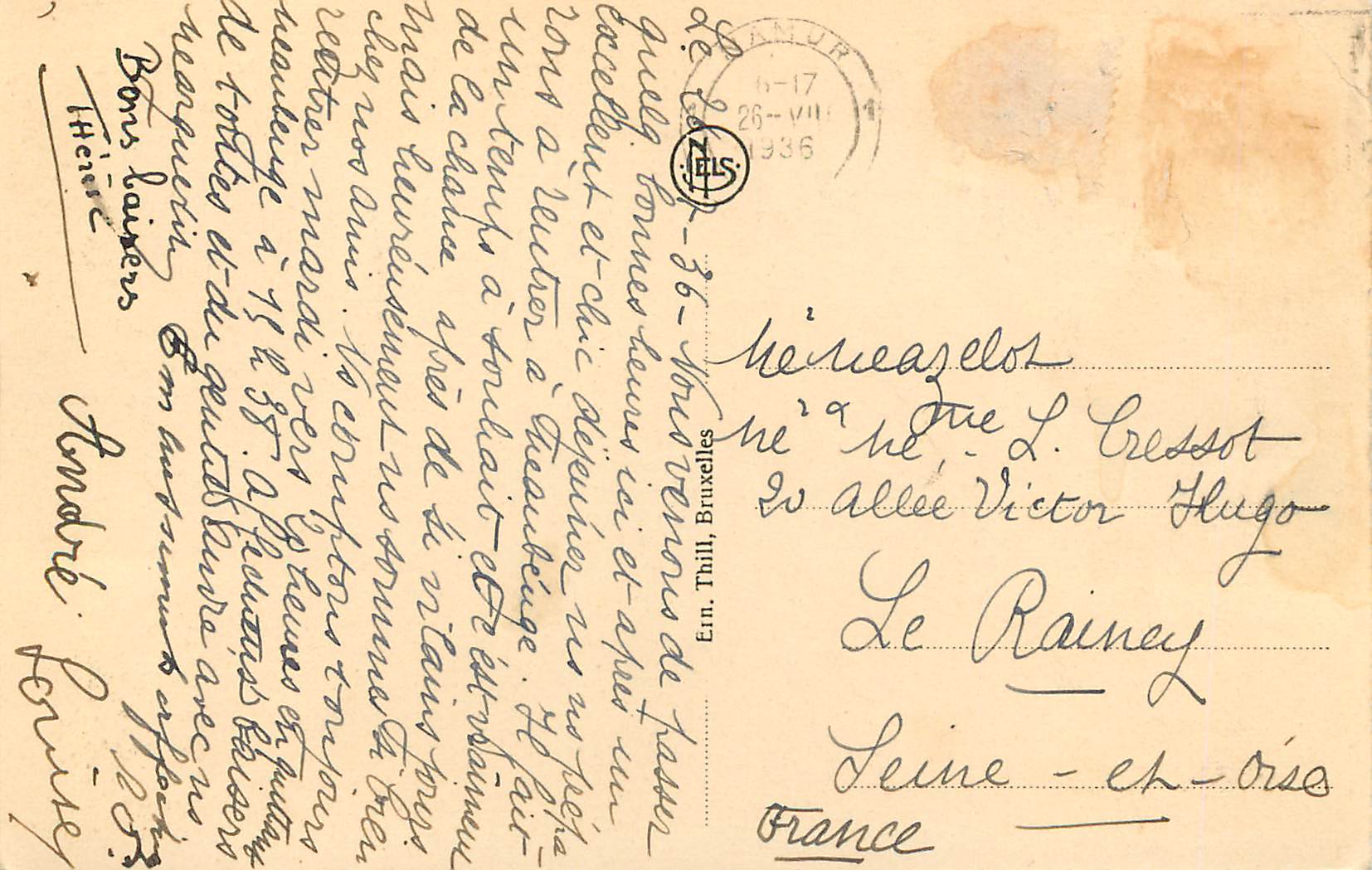 CPA Namur Vue sur la Ville et confluent de Sambre et Meuse — Rückseite