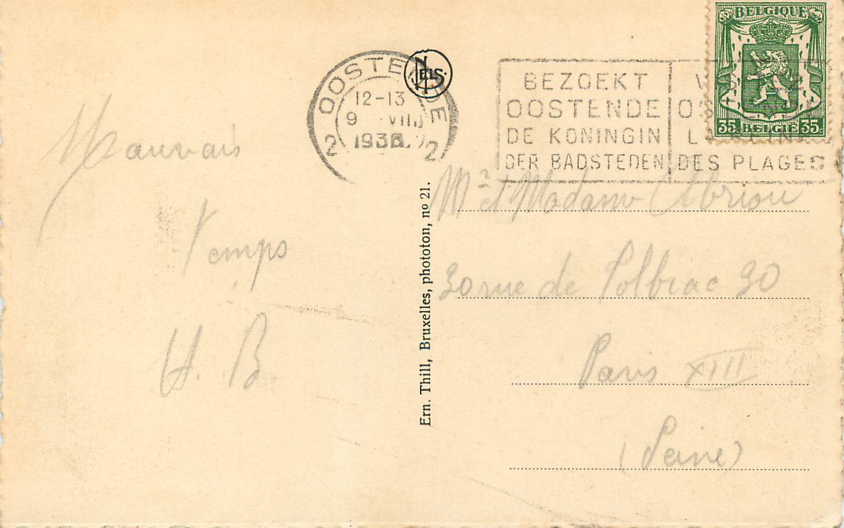 CPA Namur Ostende Le Kursaal de Bace — Rückseite