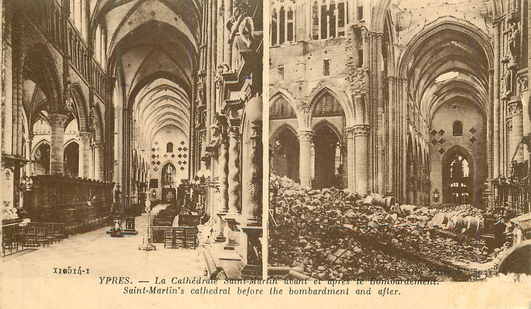CPA Ypres La Cathedrale Saintaint-Martin avant et apres le bombardement Militaria