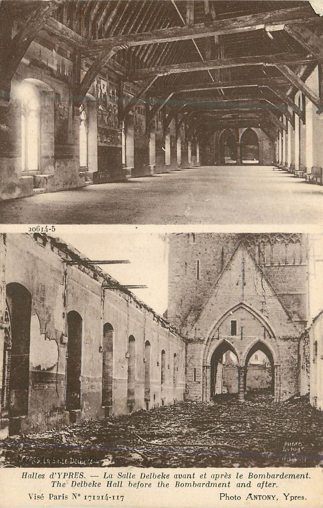 Halles d'Ypres — La Salle Delbeke avant et après le bombardement — Photo Antony, Ypres