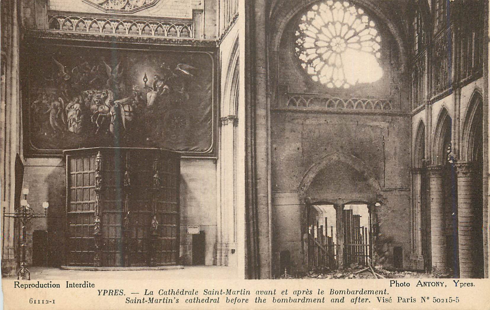 CPA Ypres La Cathedrale Saintaint-Martin avant et apres le bombardement Militaria