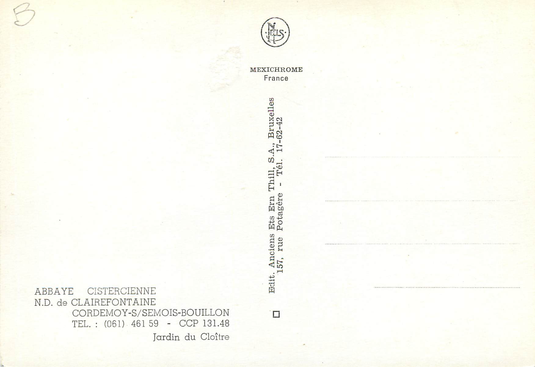 CPM Abbaye cistercienne N D DE clairefontaine cordemoy sur semois bouillon — Rückseite