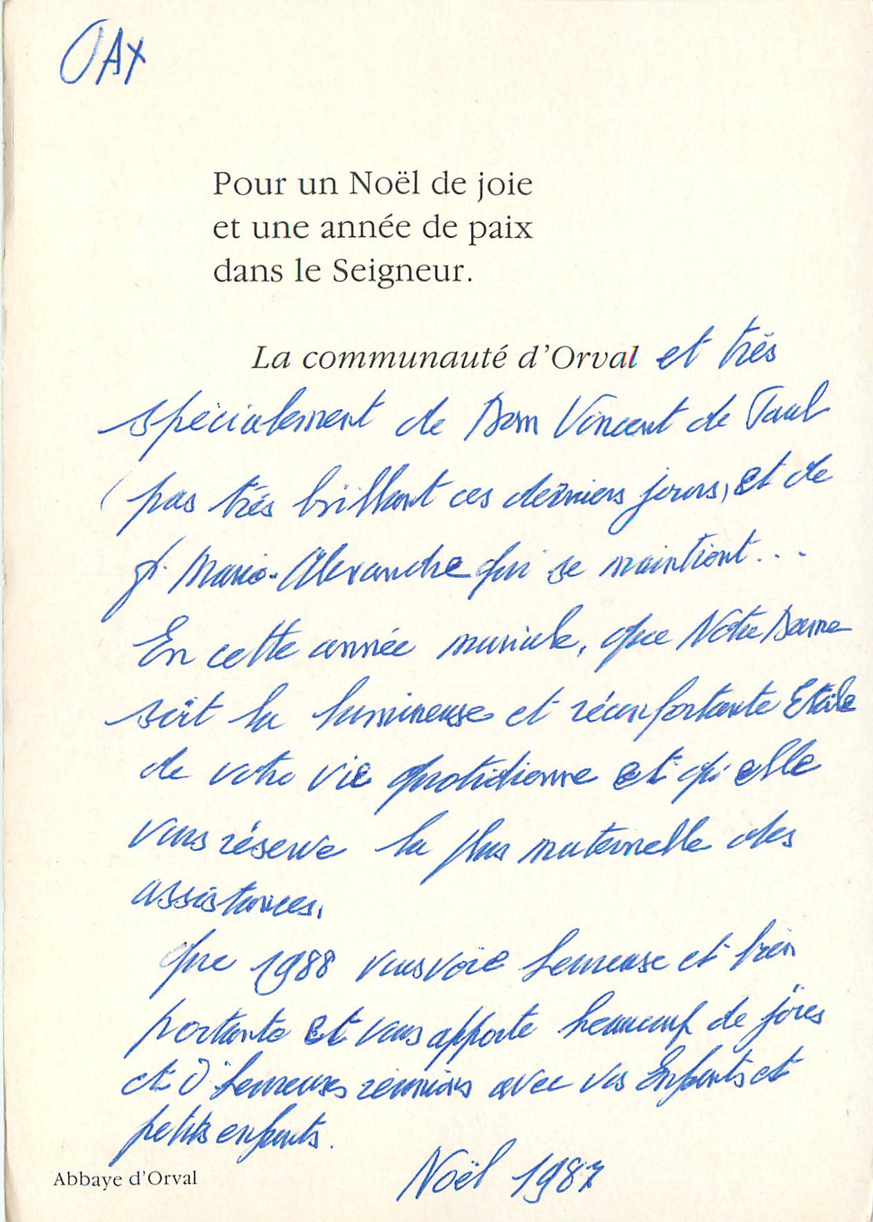 CPM Pour un noel de joie et une annee de paix dans le seigneur la communaute d'orval — Rückseite