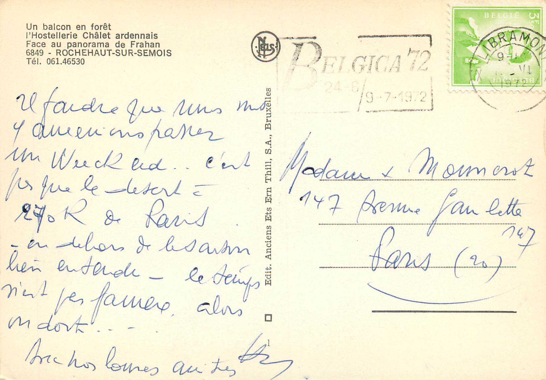 CPA Rochenaut sur semois un balcon en foret l'hostellerie chalet ardennais — Rückseite