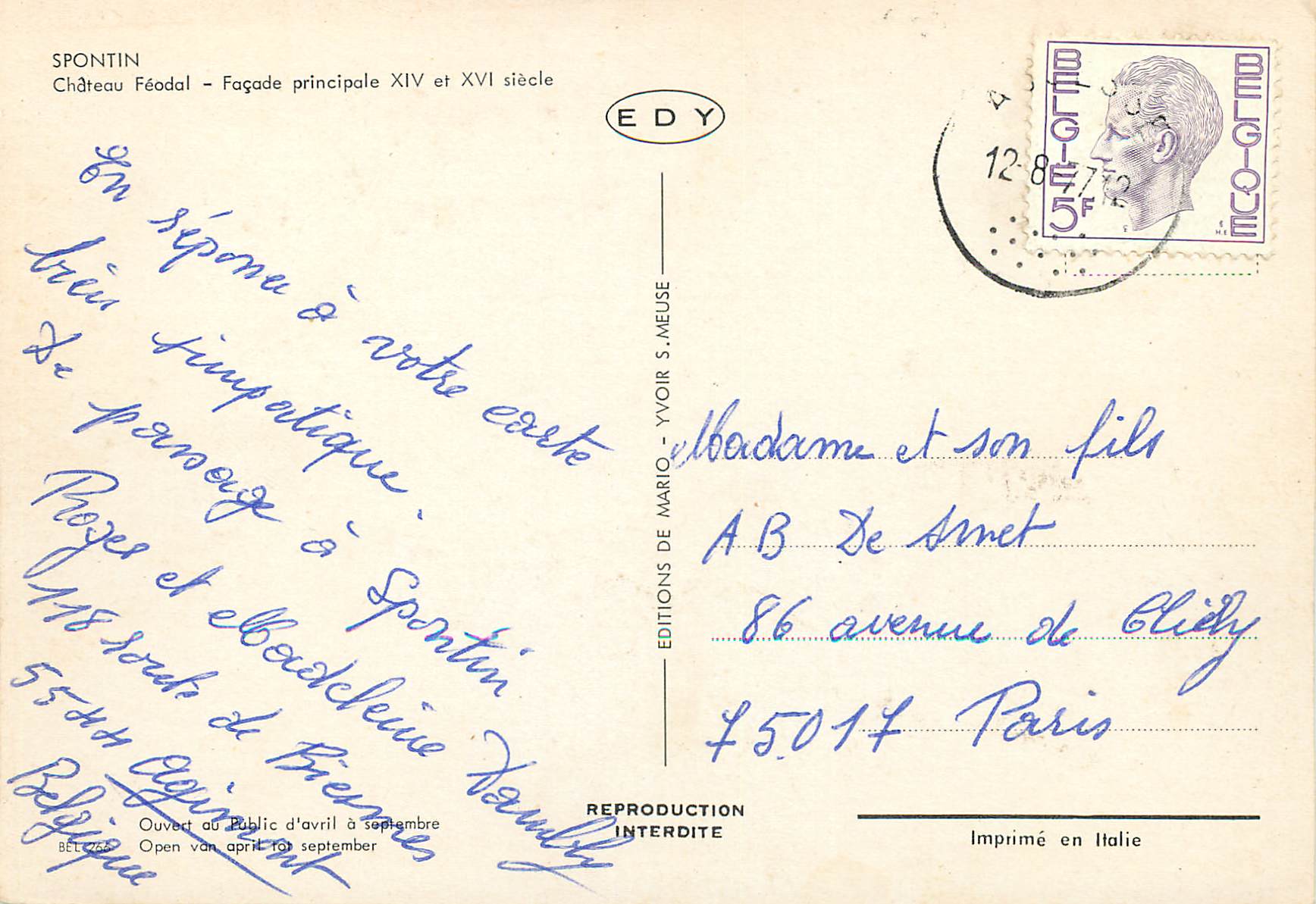 CPA Spontin chateau feodal facade principale XIV et XVIes — Back