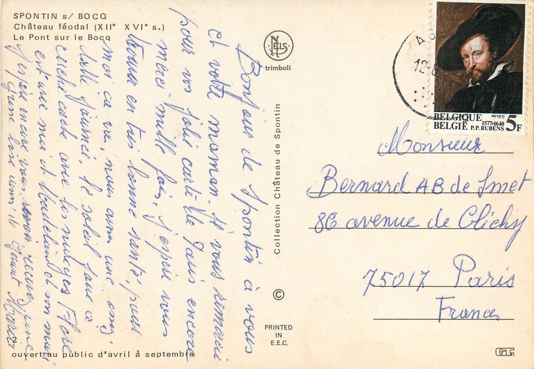 CPA Spontin sur boco chateau feodal (XIIe XVIes) le pont sur le bocq — Rückseite