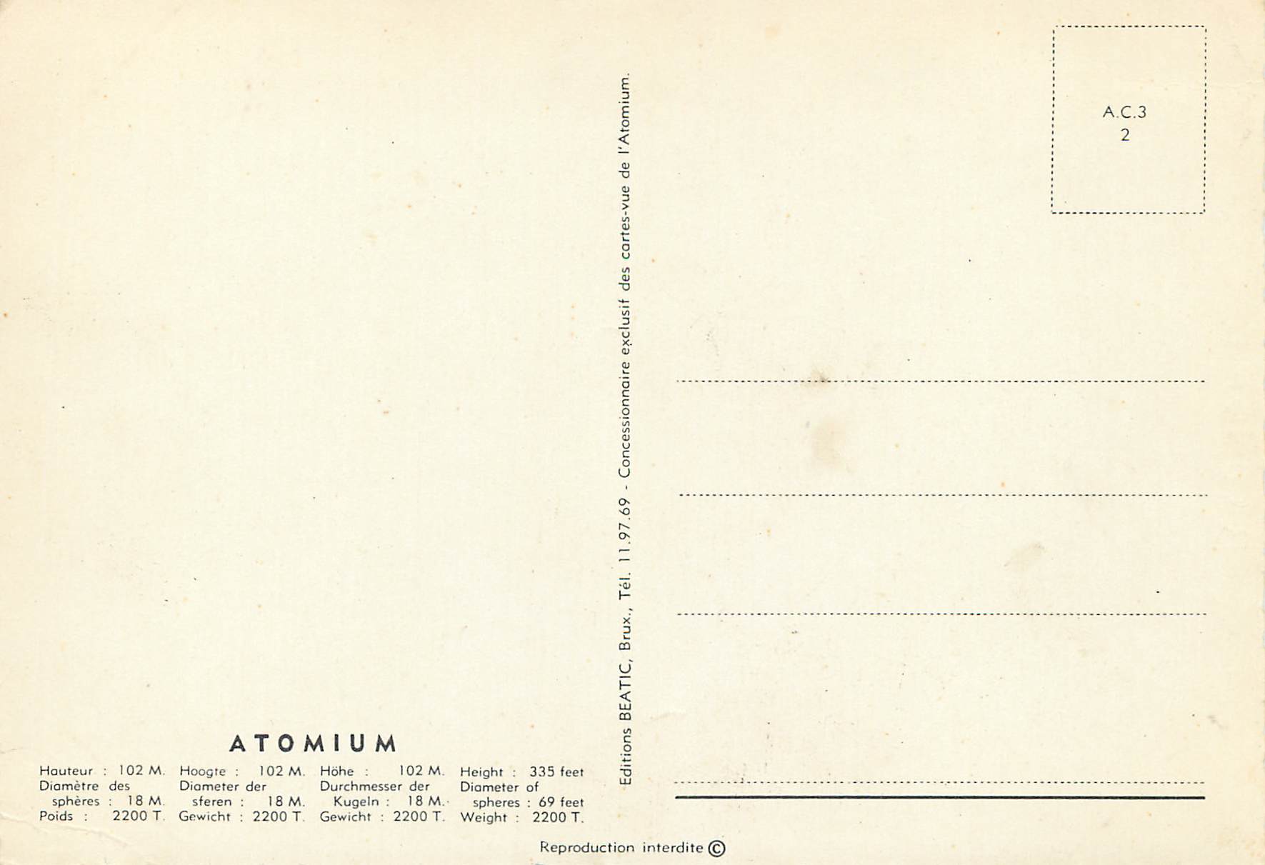 CPM Atomium hauteur 102m Bruxelles — Verso