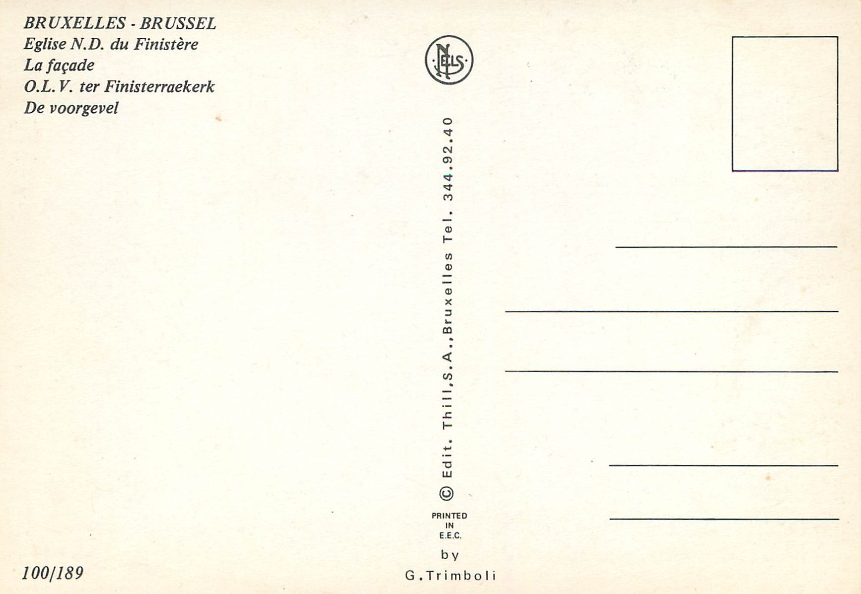 Église N.D. du Finistère — Bruxelles — éditeur Thill, S.A., n° 100/189 — Rückseite