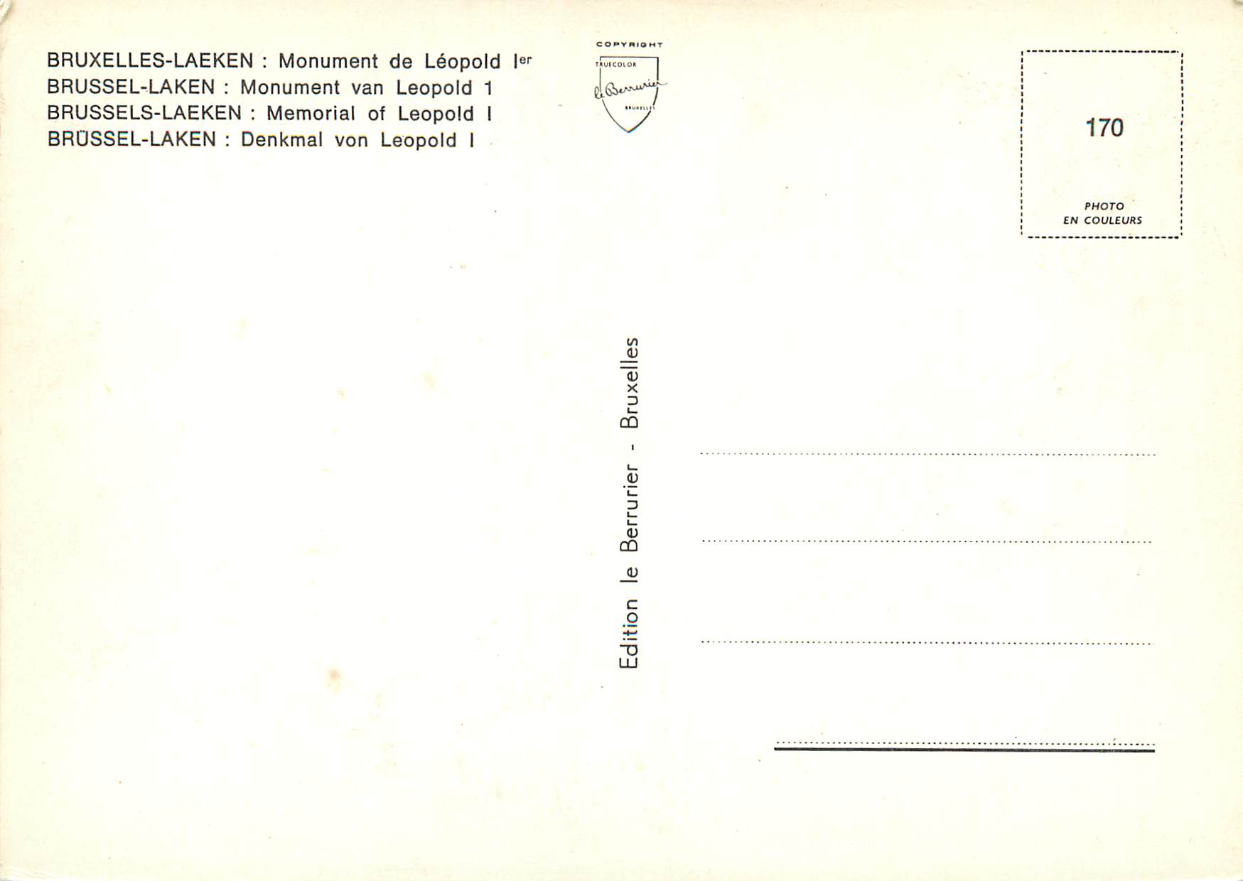 CPM Bruxelles laeken monument de leopold Ier — Verso