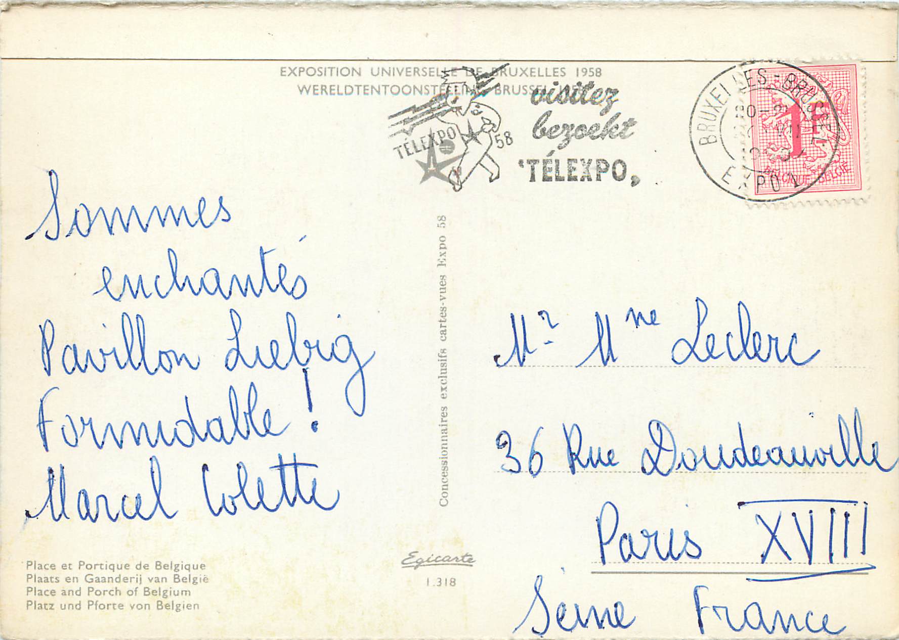 Atomium — Exposition Universelle de Bruxelles 1958 — Éditeur Epicarte n°1.318 — Rückseite