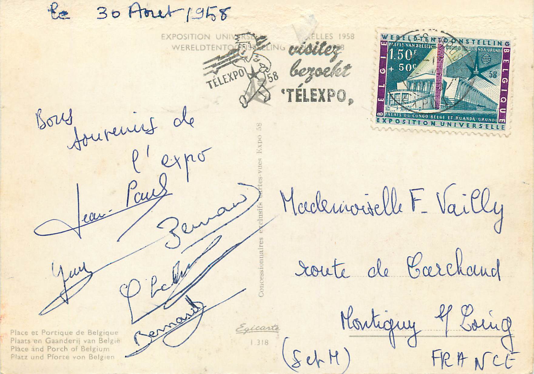 CPM Bruxelles place et portique de belgique Exposition universelle de Bruxelles 1958 — Rückseite