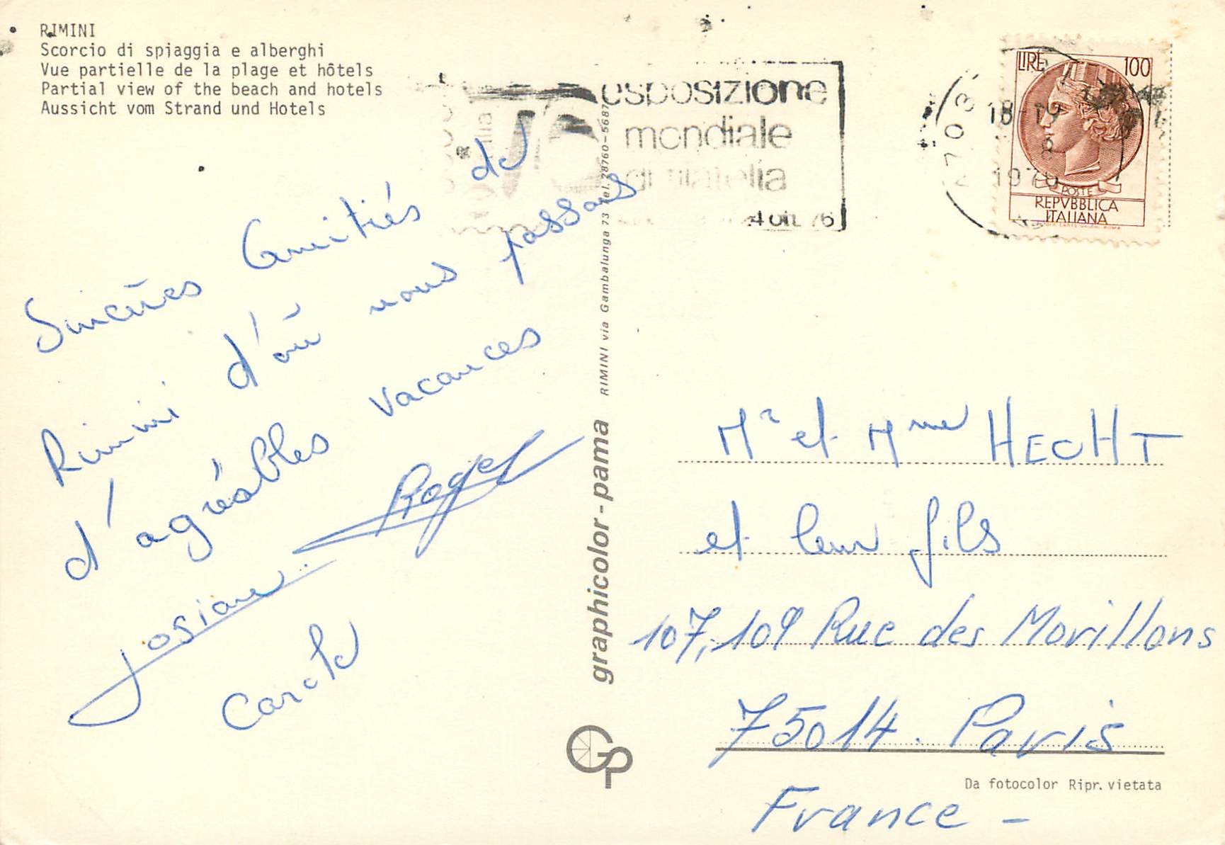 CPM Rimini vue partielle de la plage et hotel — Rückseite