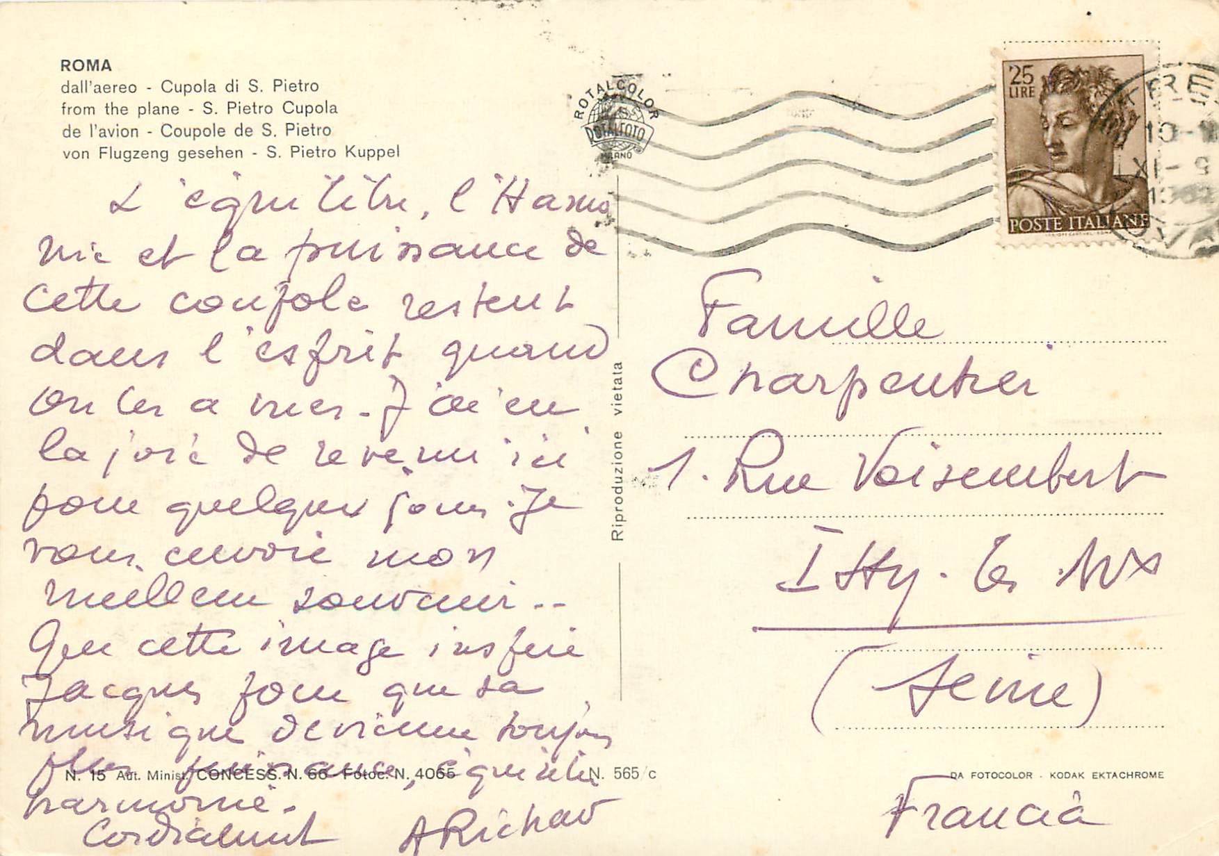 CPM Roma de l'avion Coupole de S Pietro — Rückseite