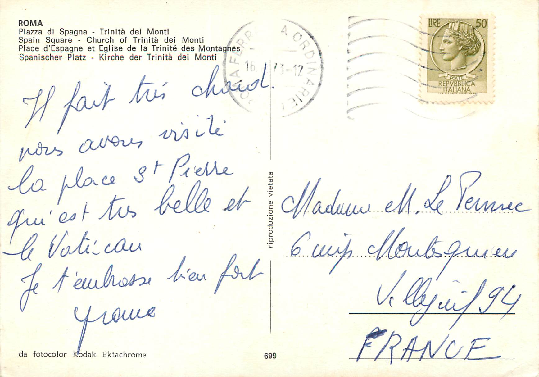 CPM Roma Place d'Espagne et Eglise de la Trinite des Montagnes — Rückseite