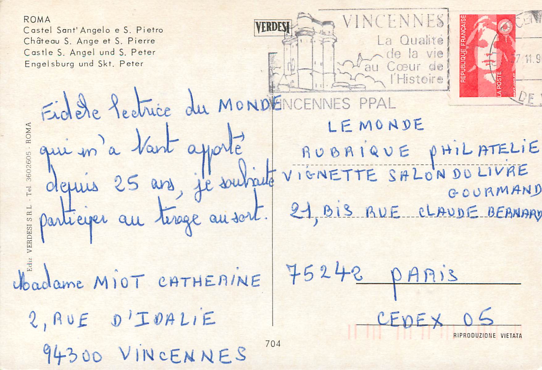 CPM Roma Chateau S Ange et S Pierre — Rückseite
