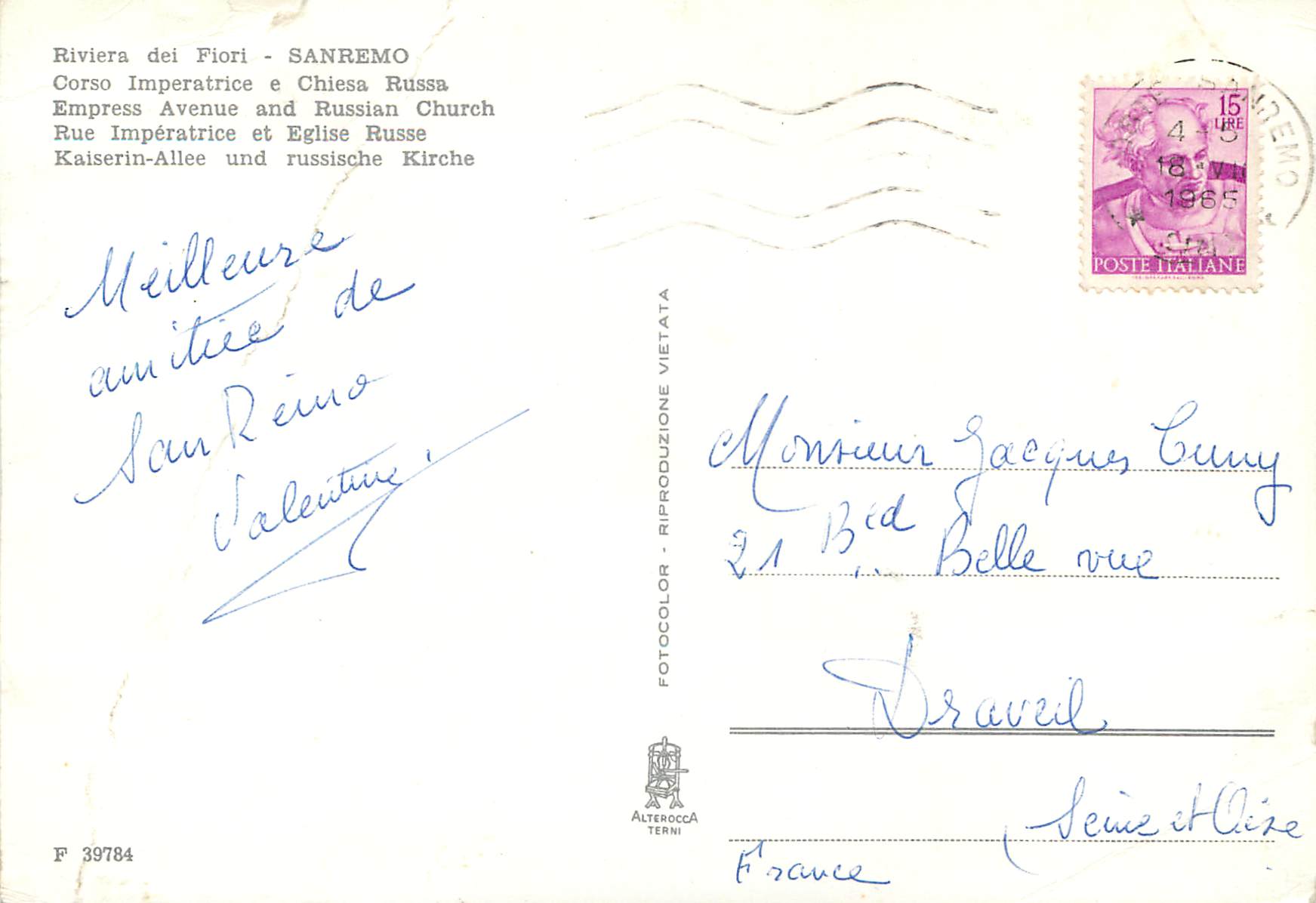 CPM San Remo Riviera dei Fiori Rue Imperatrice et Eglise Russe — Rückseite