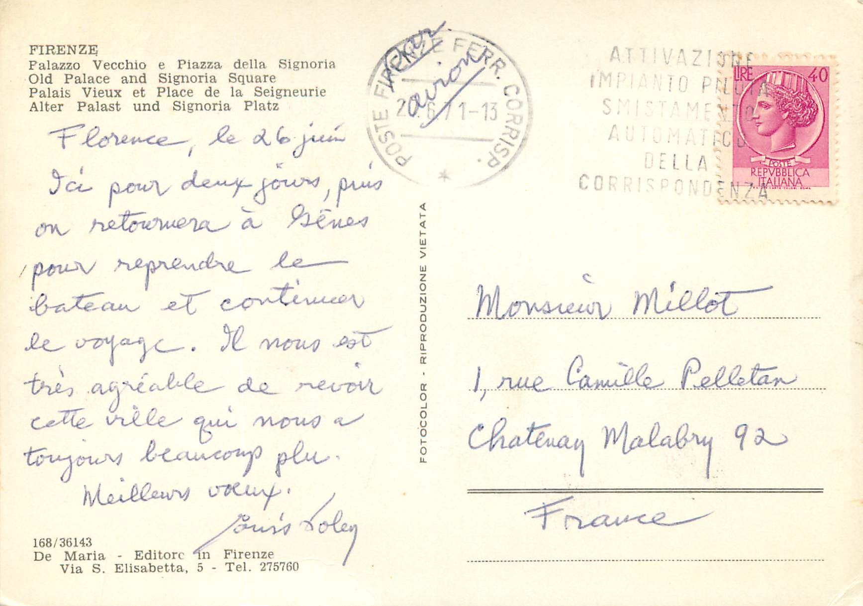 CPM Firenze Palais Vieux et Place de la Seigneurie — Rückseite