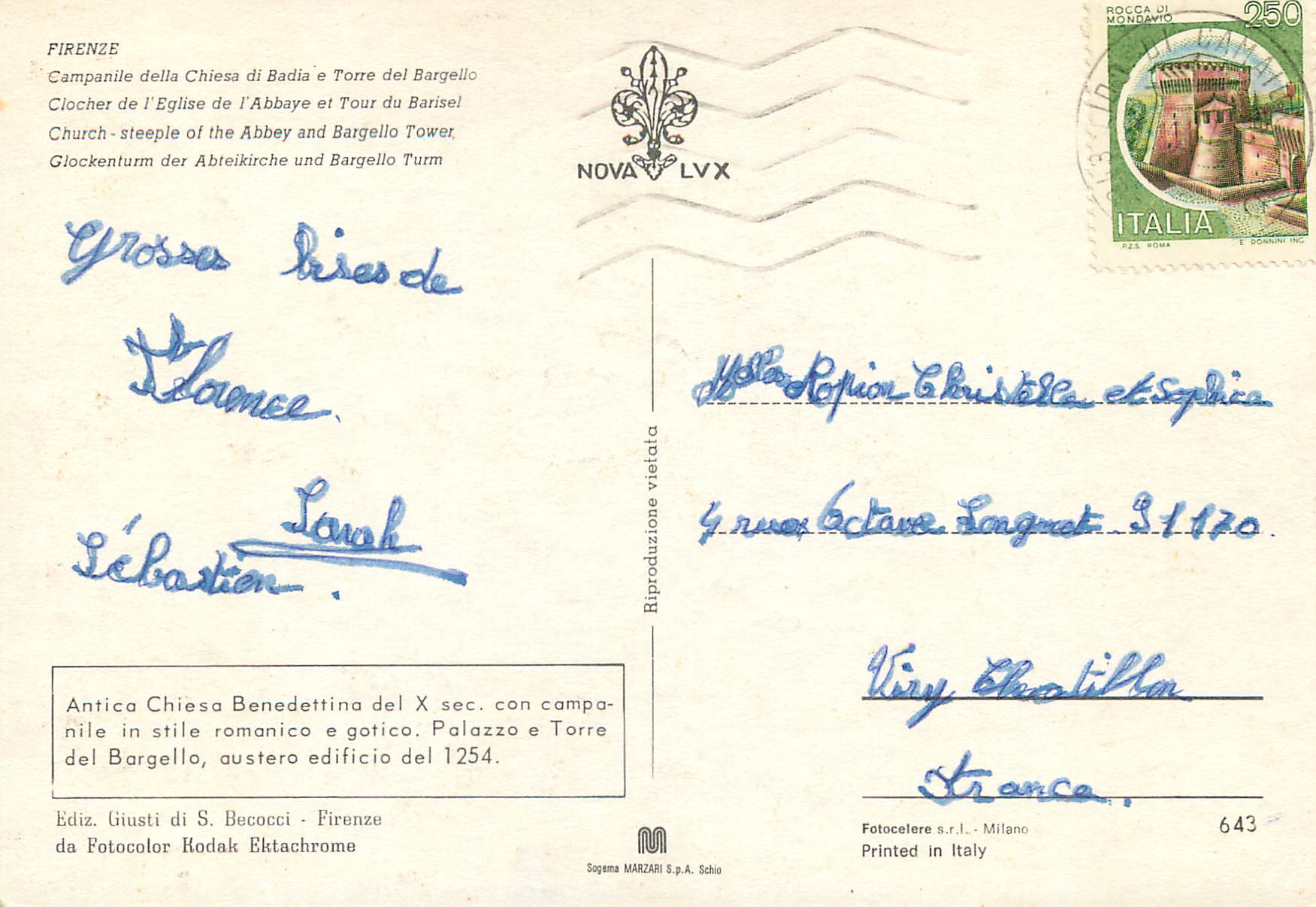 CPM Firenze Clocher de l'Eglise de l'Abbaye et Tour du Barisel — Rückseite
