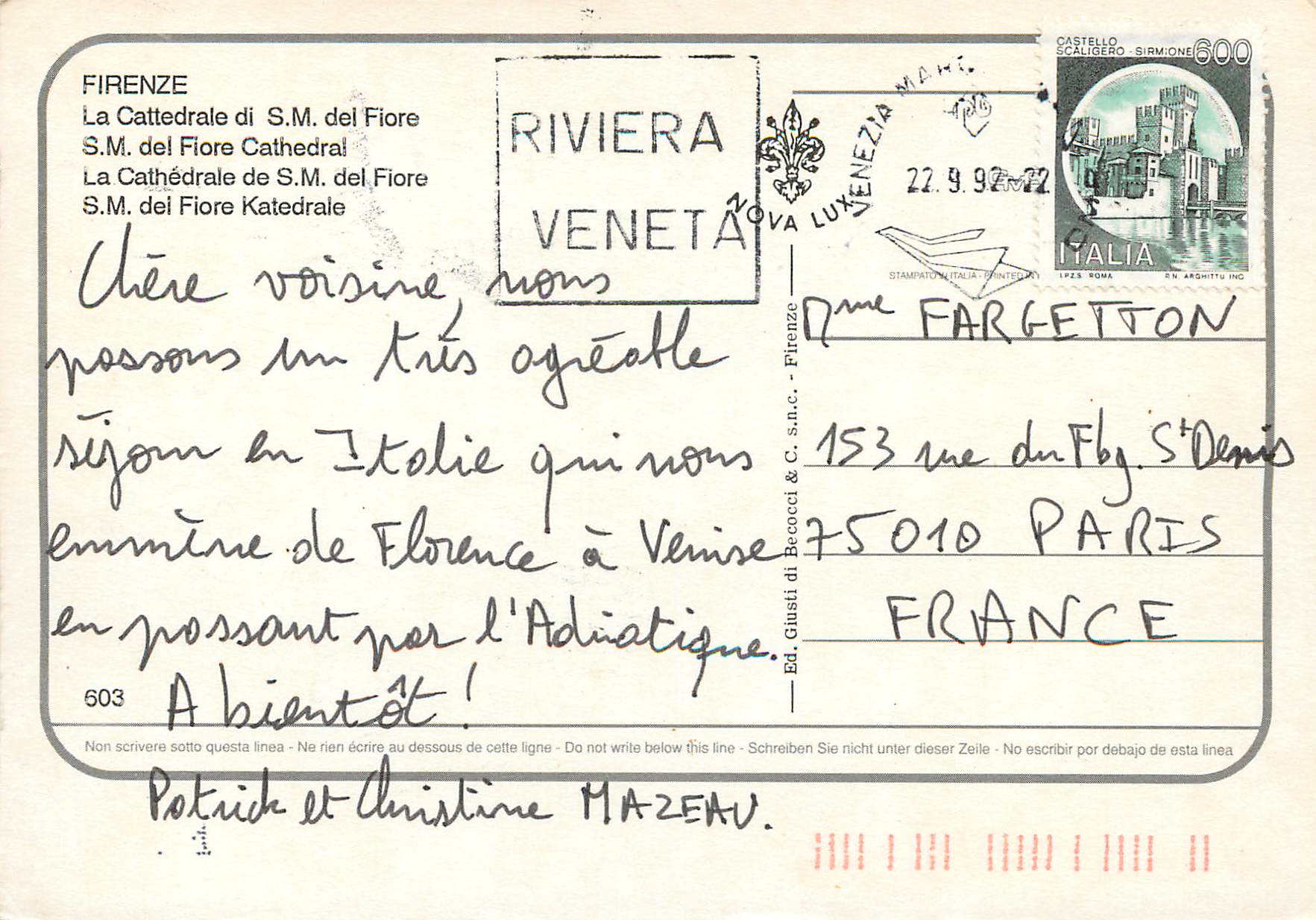 CPM Firenze La Cathedrale de SM del Fiore — Rückseite