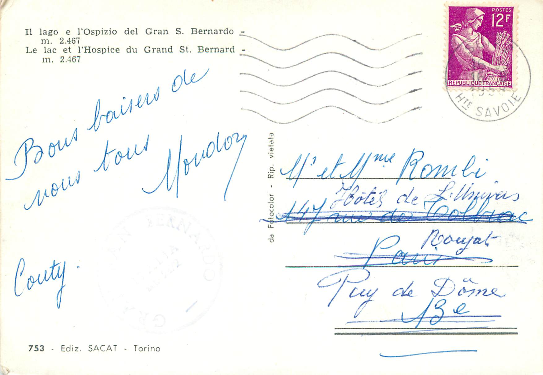CPM le lac et l'hospice du grand st bernard m 2467 — Rückseite