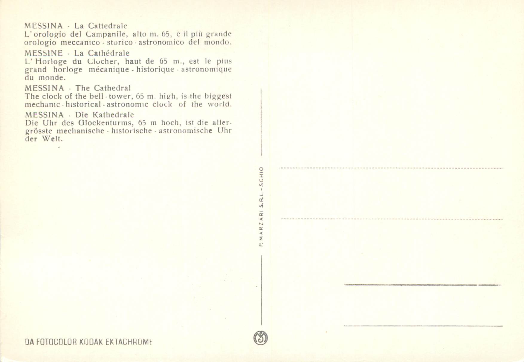 CPM Messina la cathedrale l'horloge du clocher haut de 65 m — Rückseite