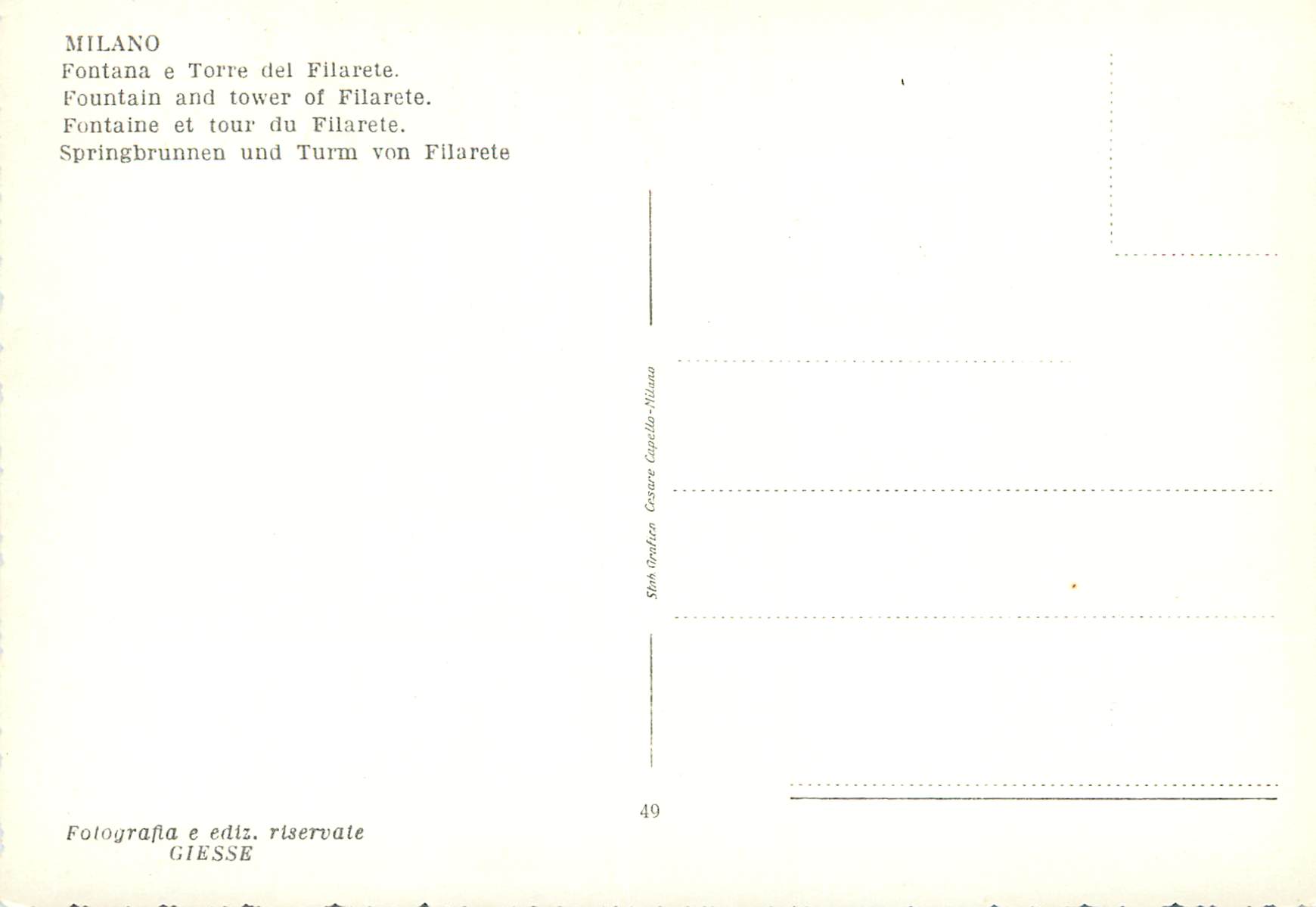 CPM Milano Fontaine et tour du Filarete — Rückseite
