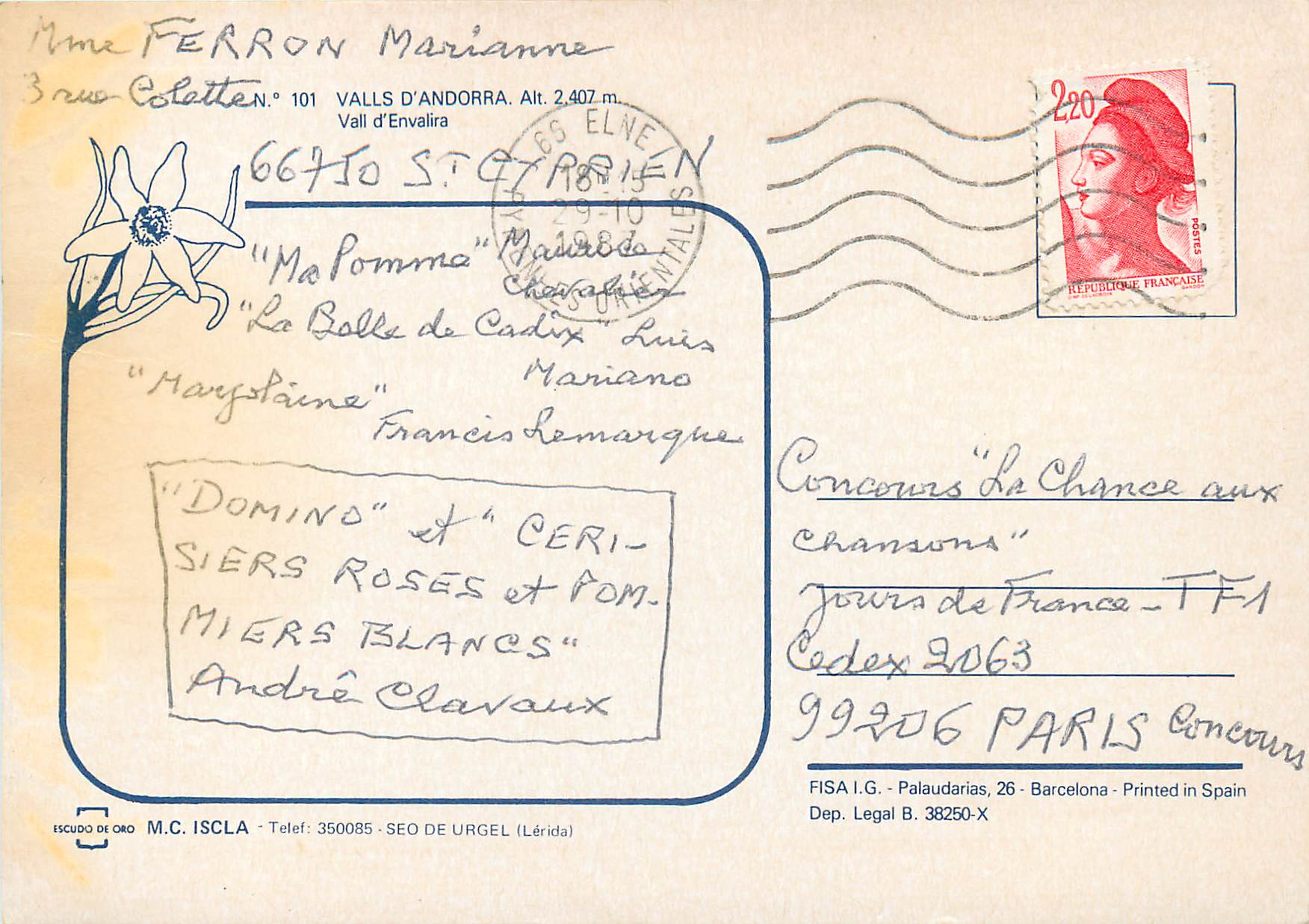 CPM Andorra Valls d'Andorra Vall d'Envalira — Verso