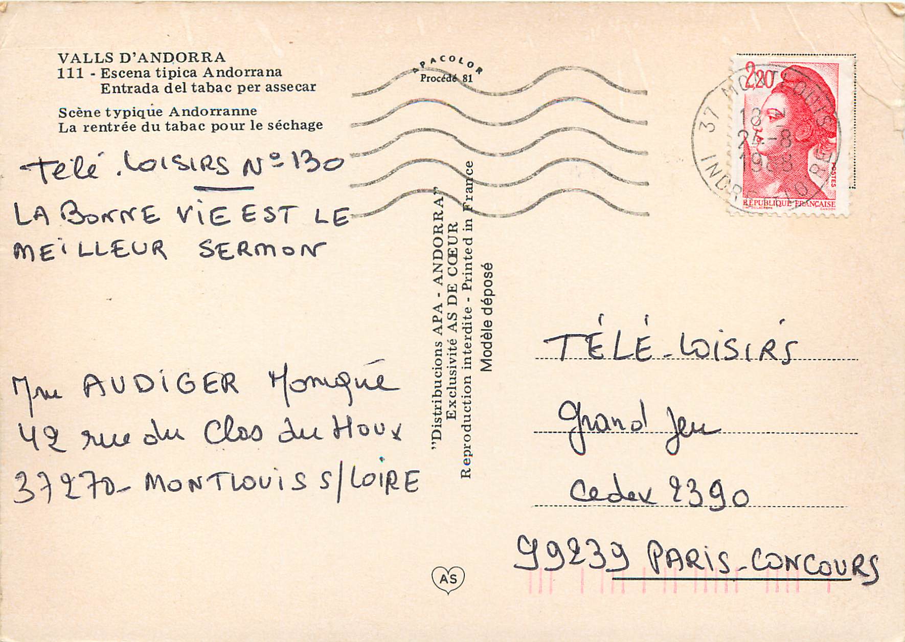 CPM Andorra Valls d'Andorra Scene typique Andorranne La rentree du tabac pour le sechage — Verso