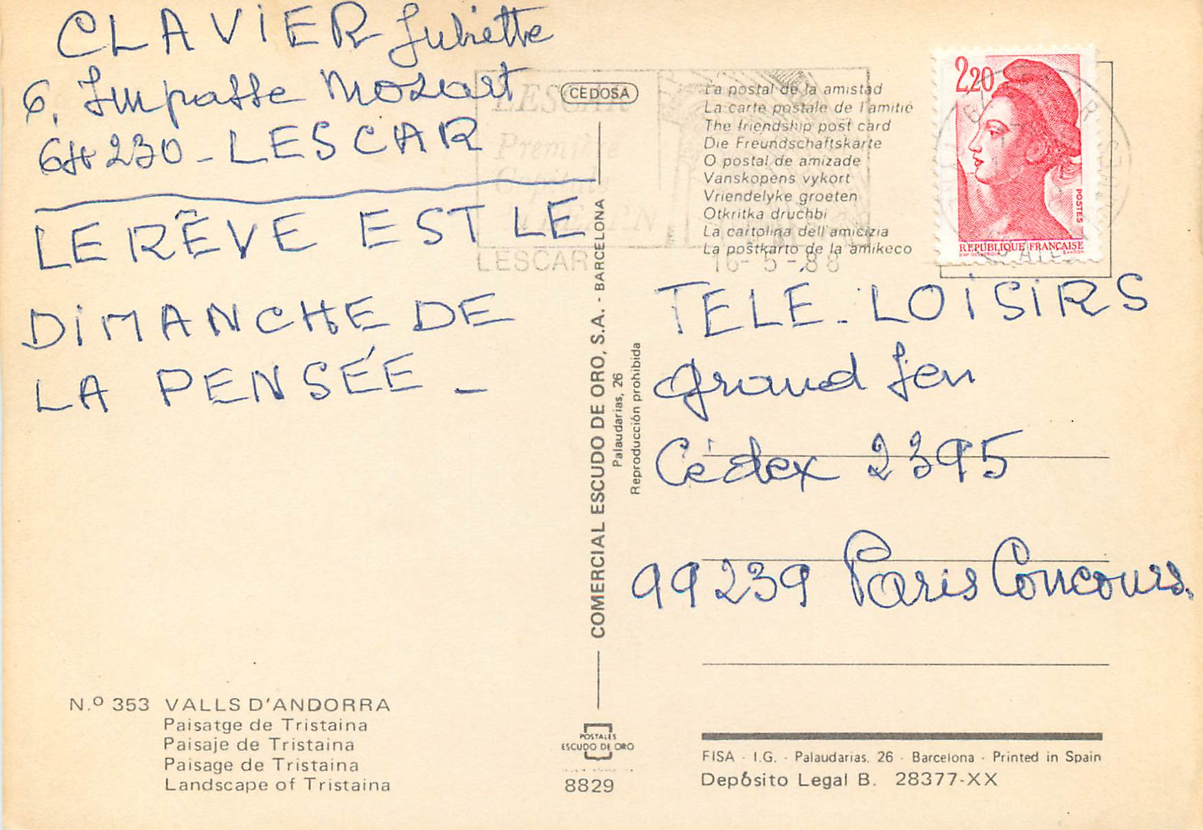 CPM Andorra Valls d'Andorra Paisage de Tristaina — Rückseite