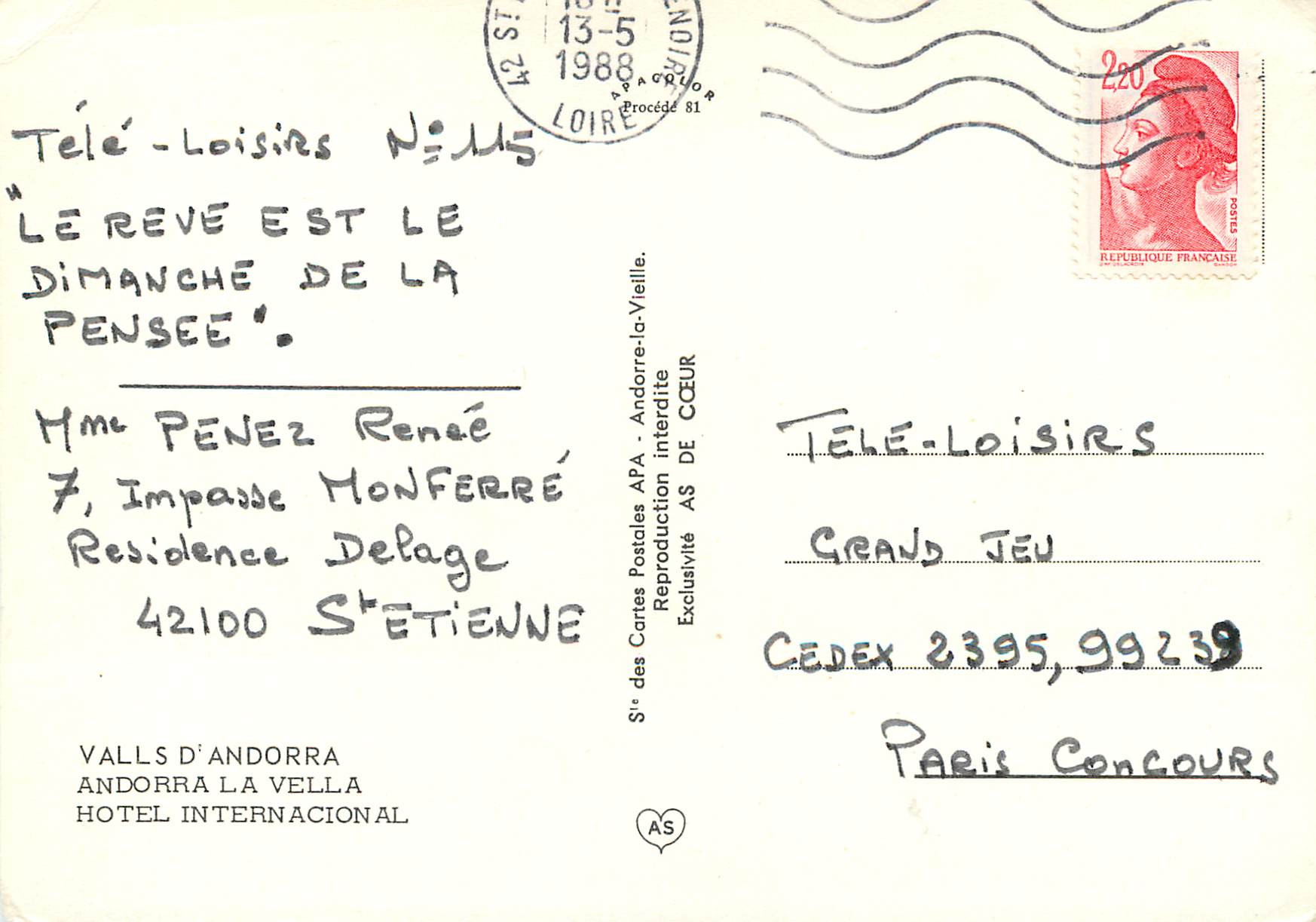 CPM Andorra La Vieille Hotel Internacional — Verso