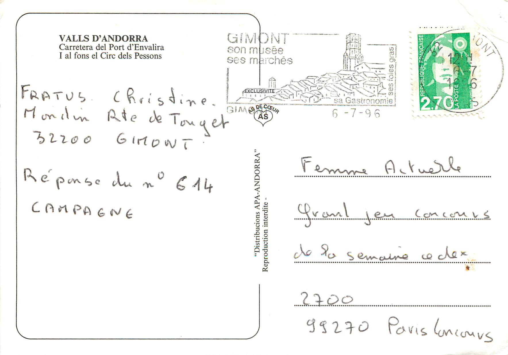CPM Andorra Valls d'Andorra Carretera del Port d'Envalira — Rückseite