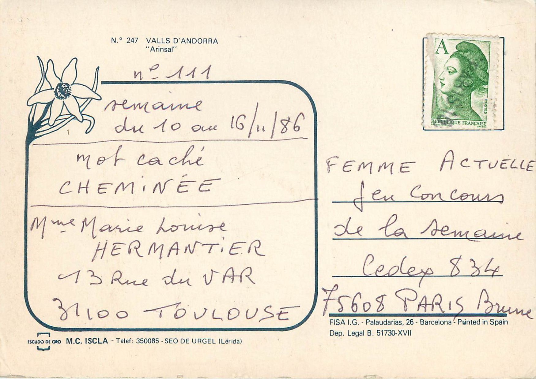 CPM Andorra Valls d'Andorra Arinsal — Verso