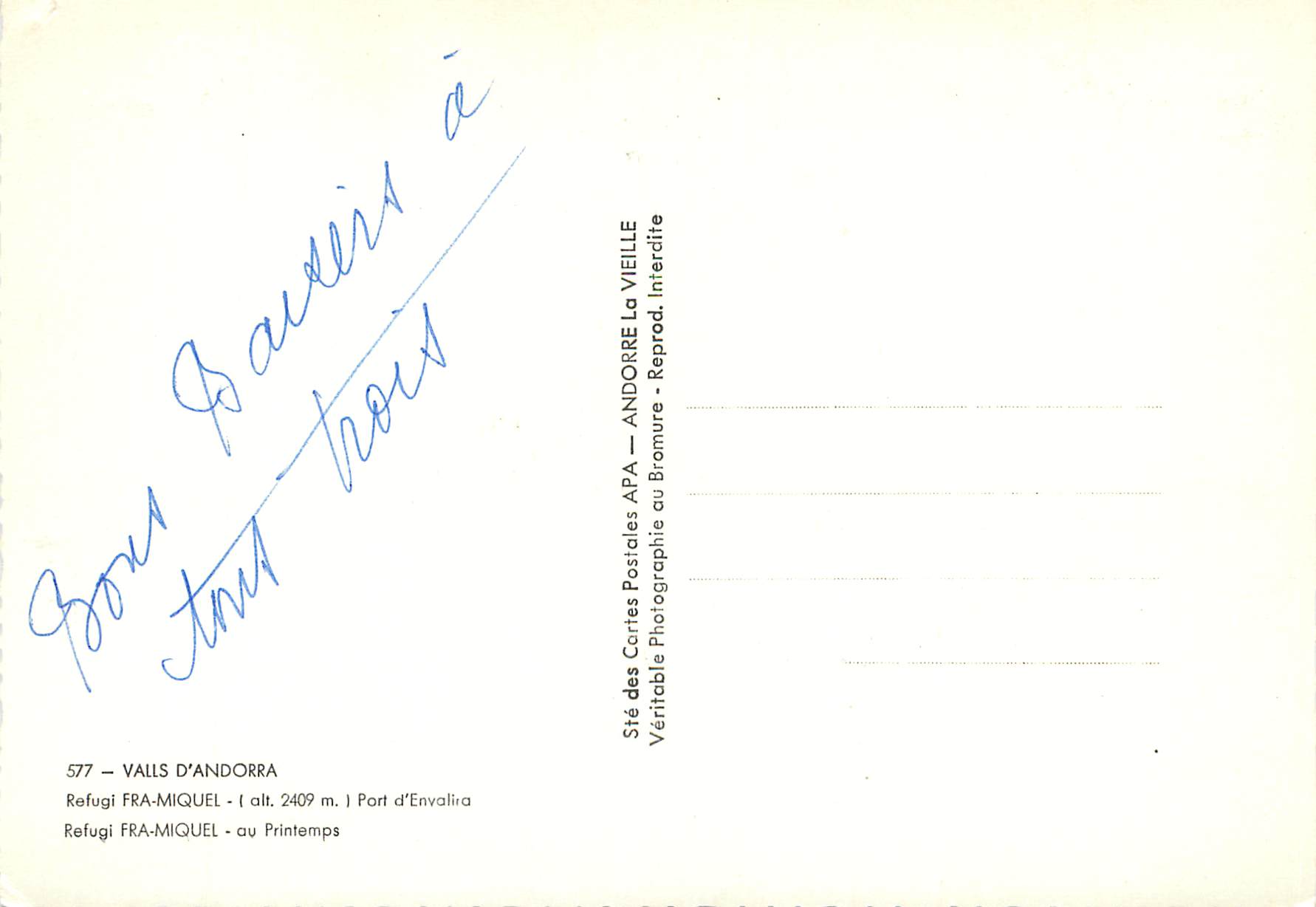 Refugi Fra-Miquel — Valls d'Andorre — éditeur APA — Verso
