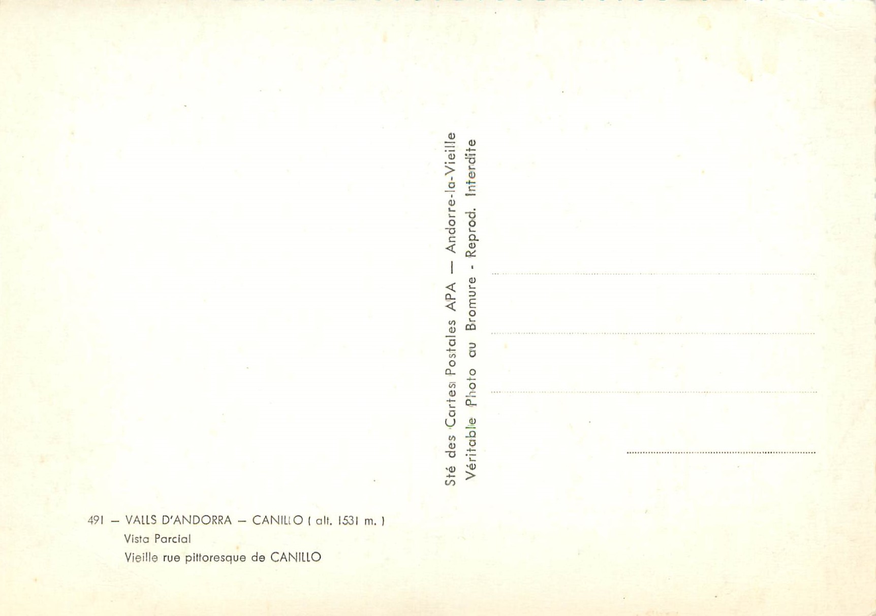 Vieille rue pittoresque de Canillo — Valls d'Andorre — éditeur APA, n° 491 — Verso