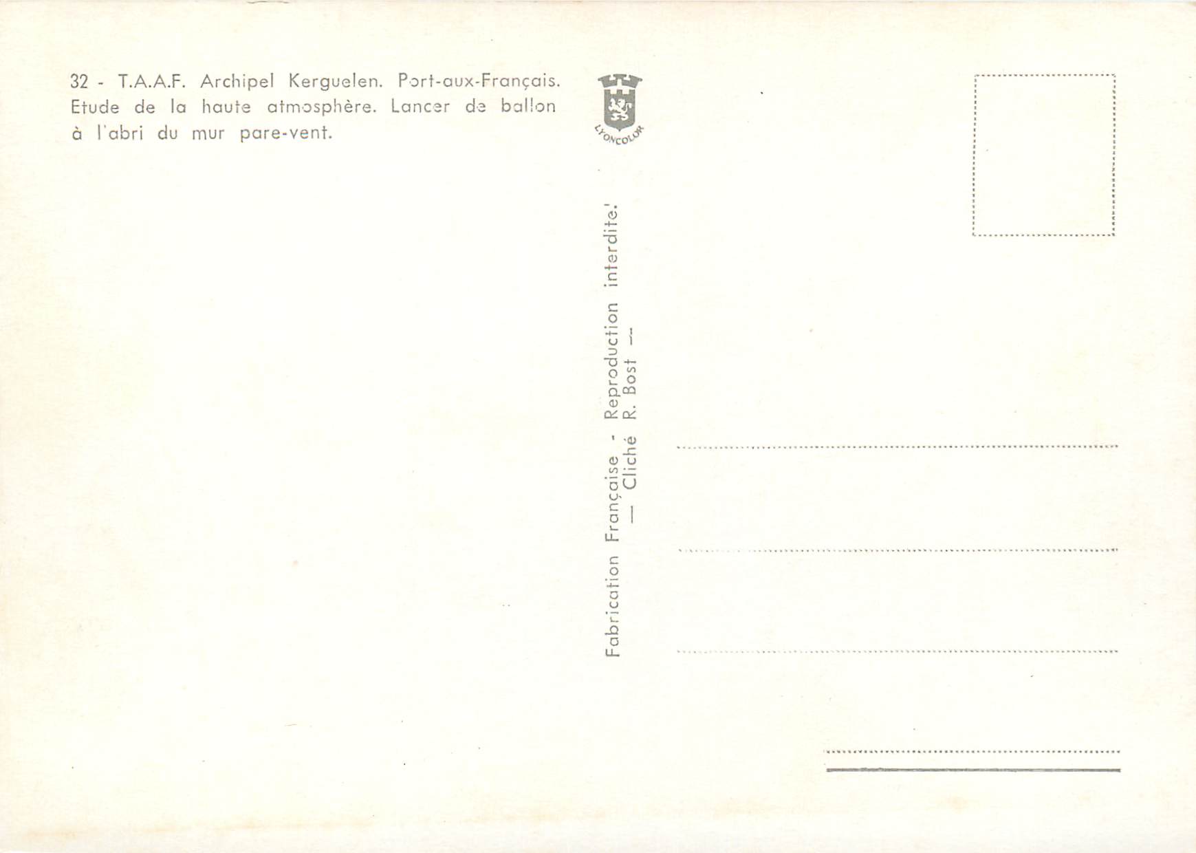 Archipel Kerguelen — Étude de la haute atmosphère — T.A.A.F. Port-au-Français — Rückseite