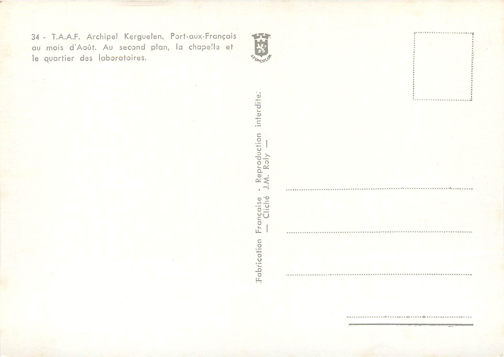 T.A.A.F. Archipel Kerguelen, Port-aux-Français — quartier des laboratoires et chapelle — J.M. Roly — Rückseite