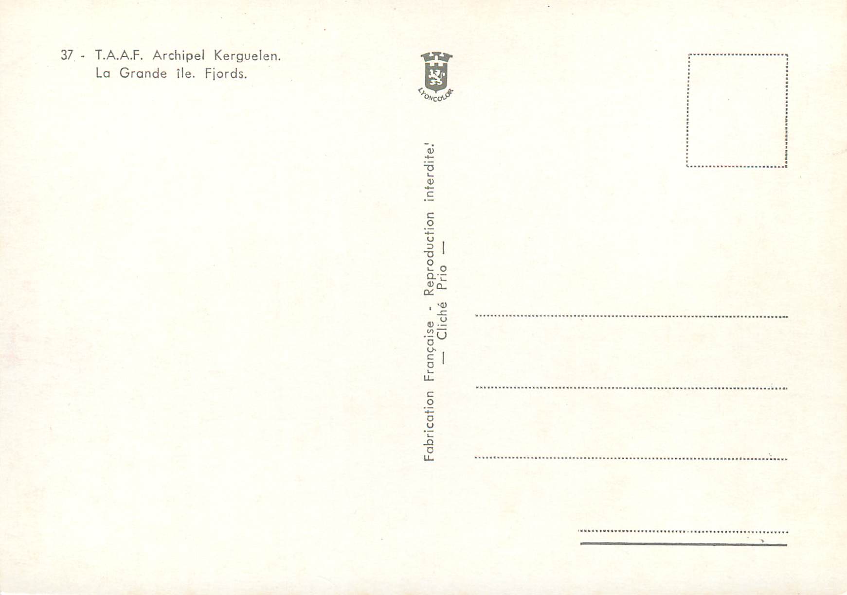 Vue des fjords de la Grande Île — Archipel Kerguelen — T.A.A.F. — n°37 — Rückseite