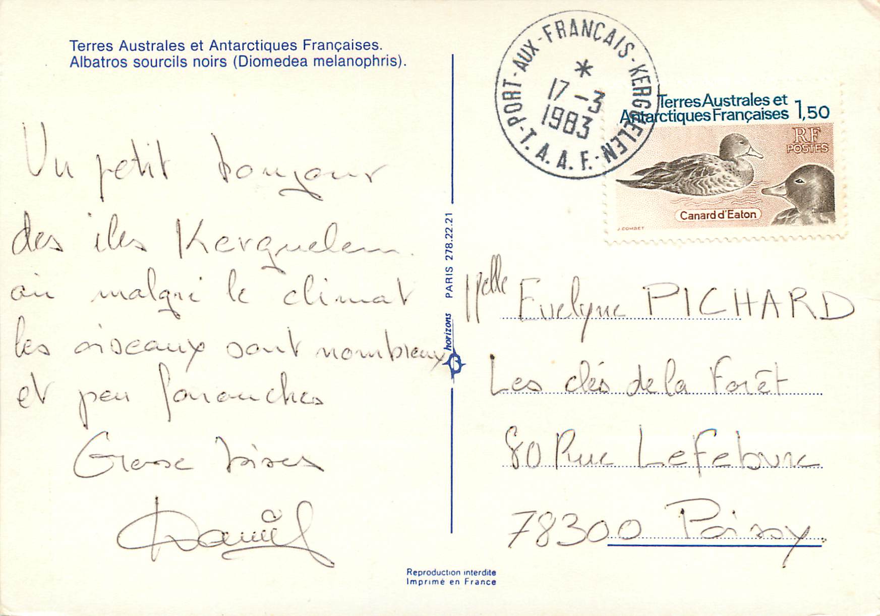 Albatros sourcils noirs — Terres Australes et Antarctiques Françaises — éditeur Horizons, n°278.22.21 — Rückseite