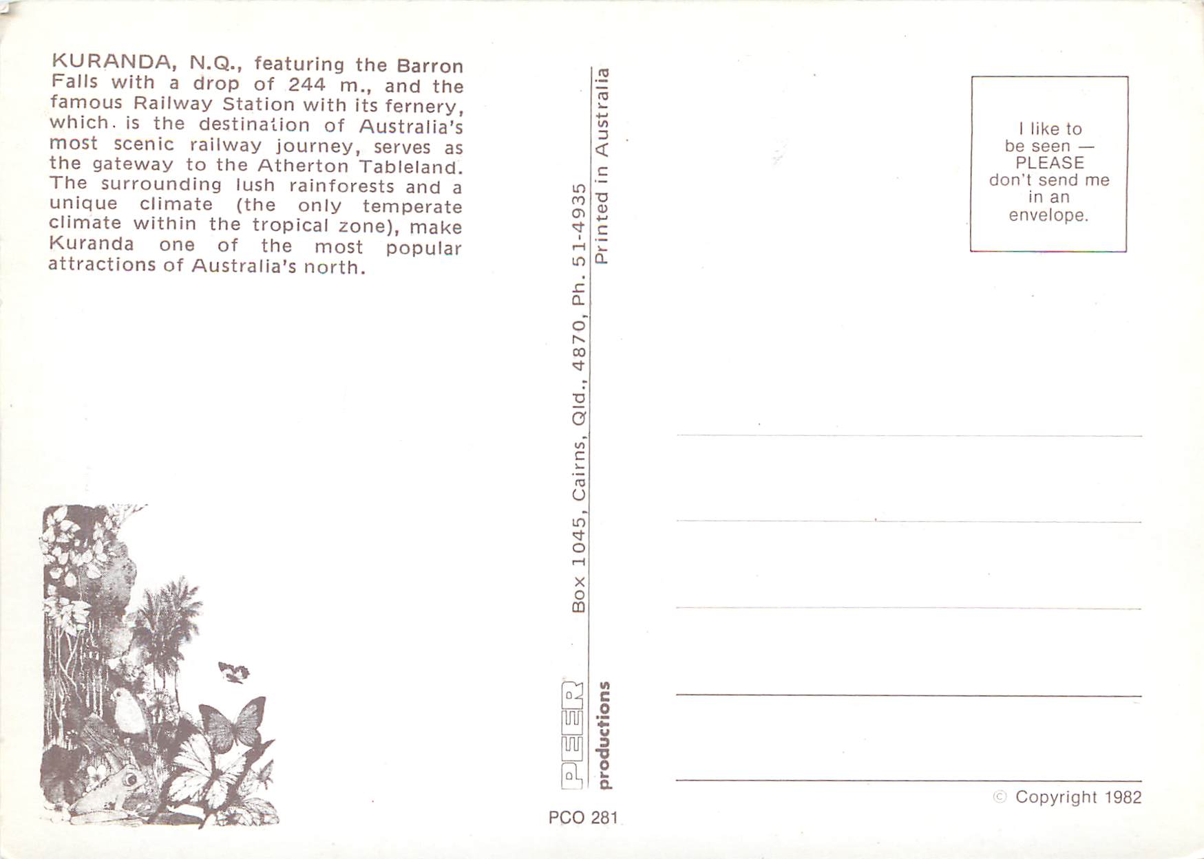 Kuranda, N.Q. — Stoney Creek Falls, Robb's Monument, Kuranda Railway Station, Barron Falls — Peer Productions, PCO 281 — Rückseite