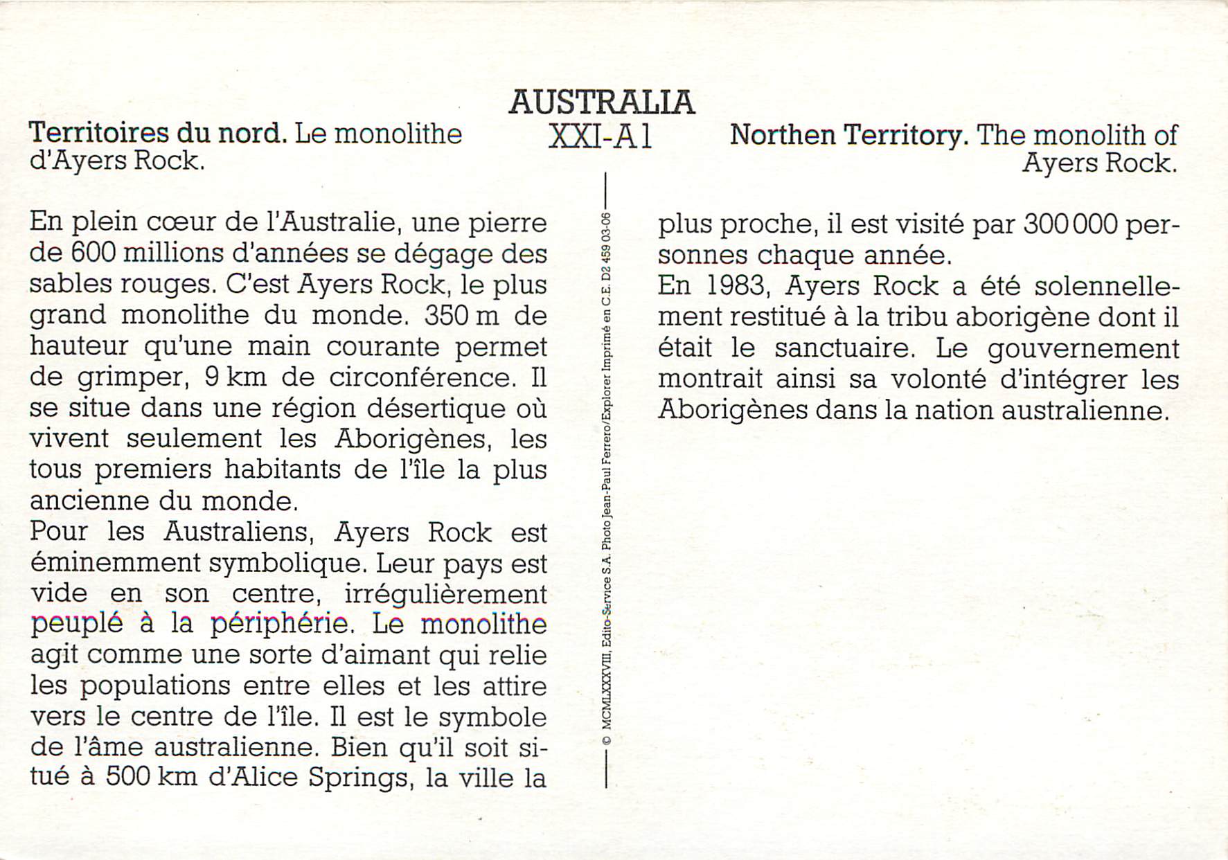 CPM Australia Territoires du nord Le monolithe d'Ayers Rock — Rückseite