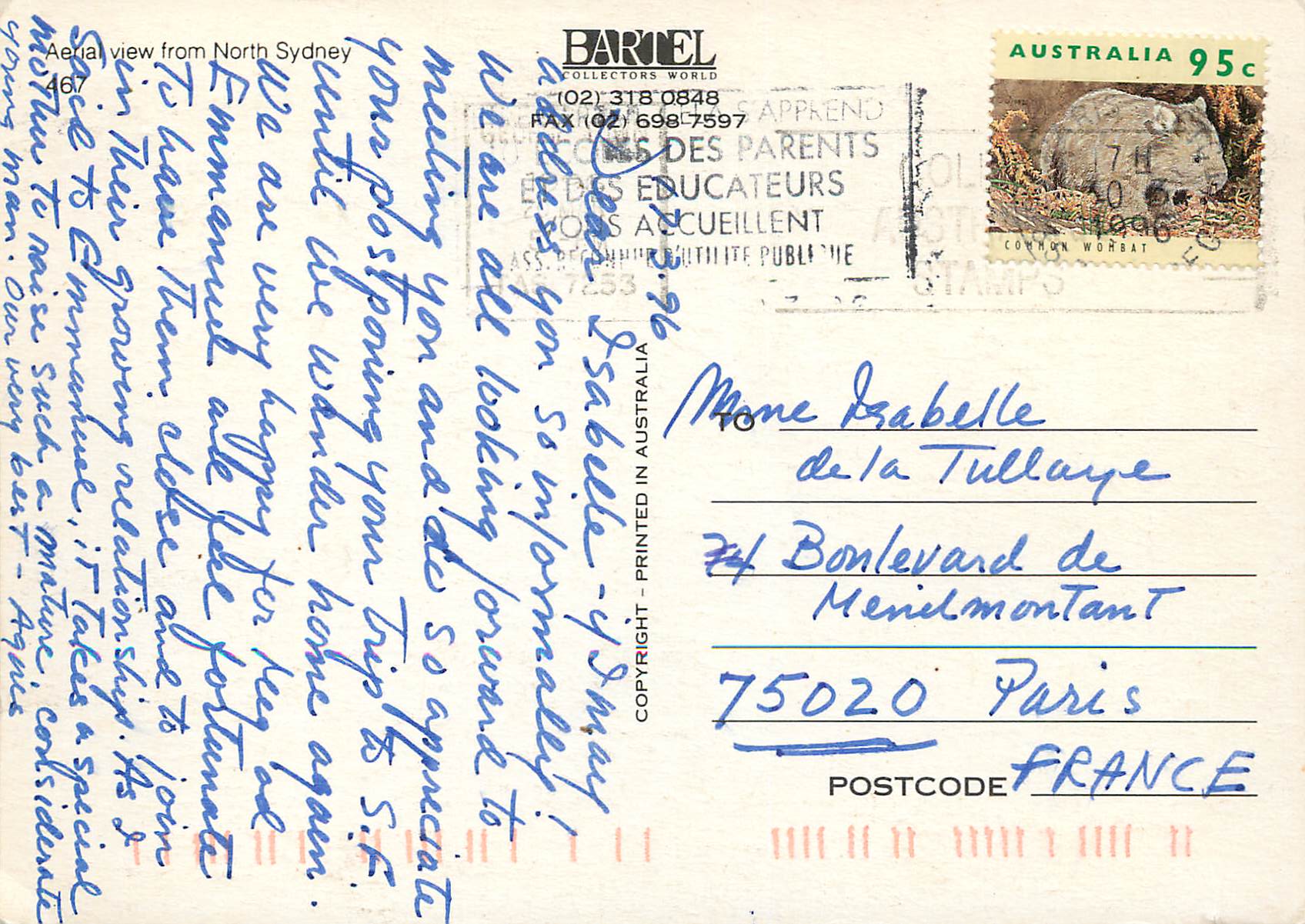 Vue aérienne de Sydney — Australie — éditeur Bartel Collectors World, n°467 — Verso